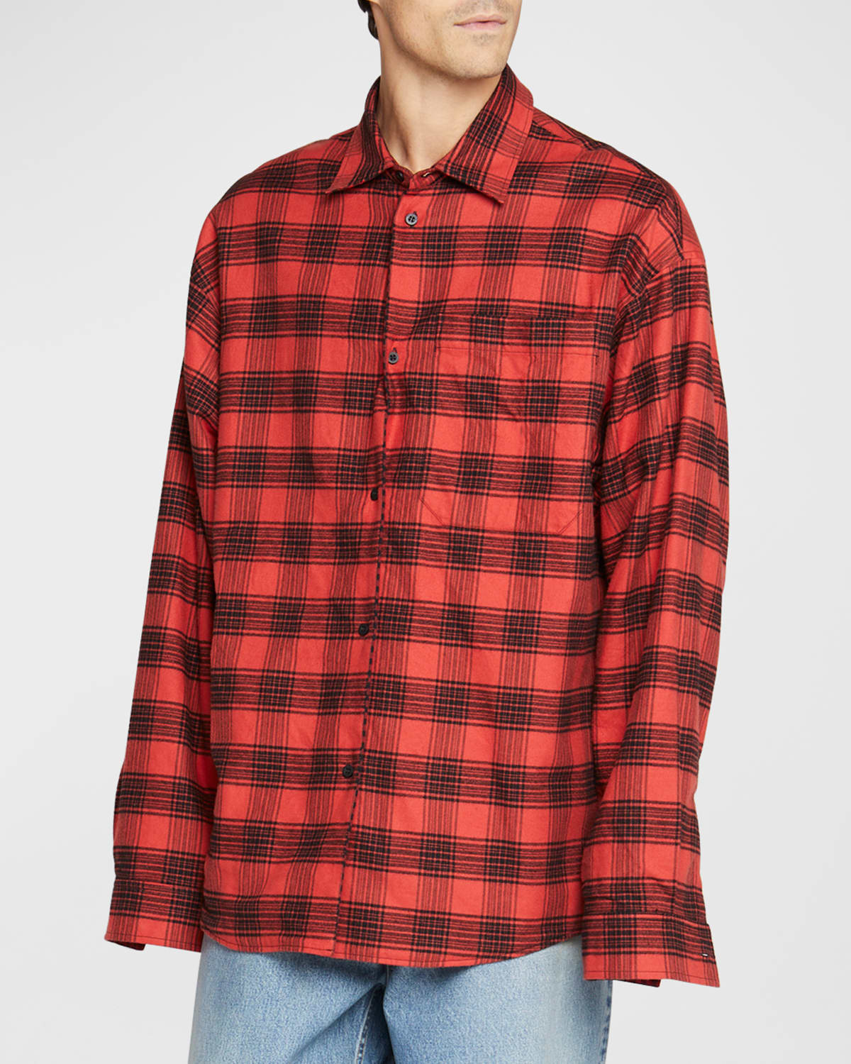 Shop Balenciaga Men's Plaid Flannel Sport Shirt In 6400 Red