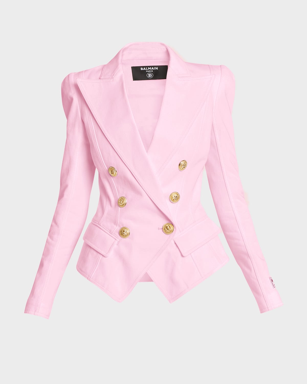 Shop Balmain 6-button Denim Double-breasted Blazer Jacket In Lt Pink
