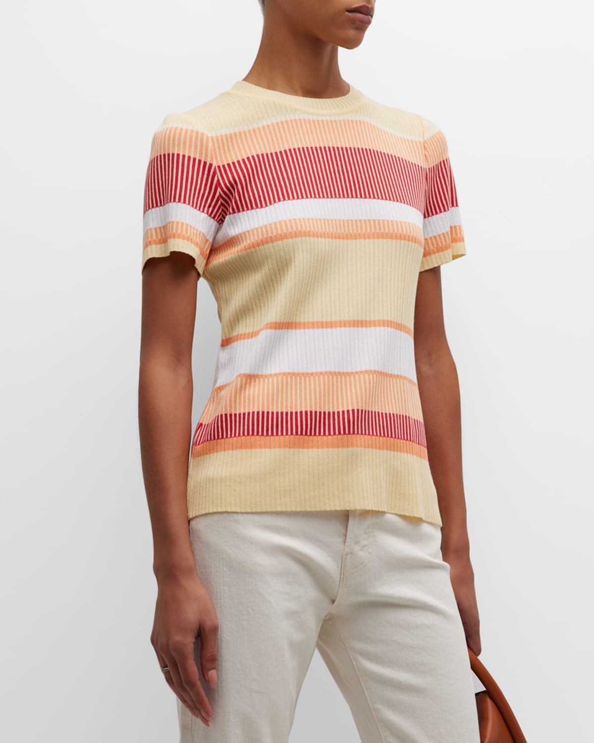 Shop Misook Striped Short-sleeve Ribbed Tunic In Citrus/multi