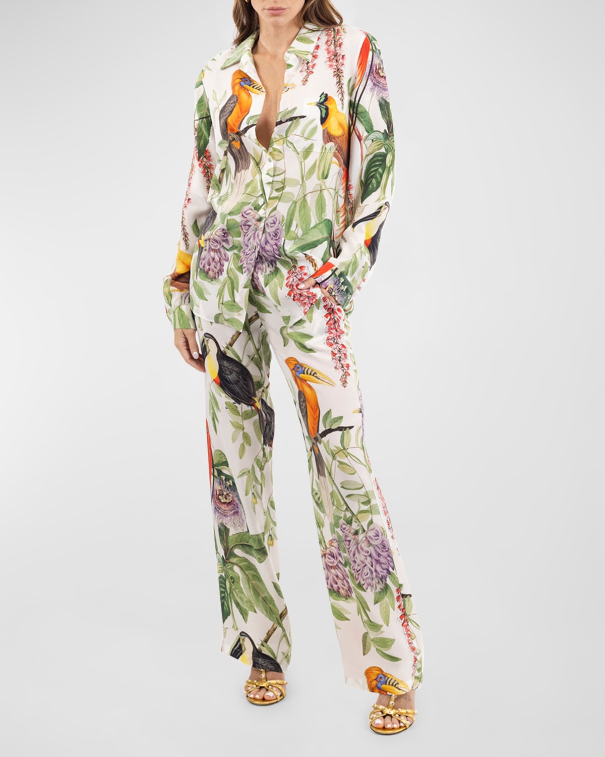 Niluu Hera Bird-print Vegan Silk Lounge Pants In Multi