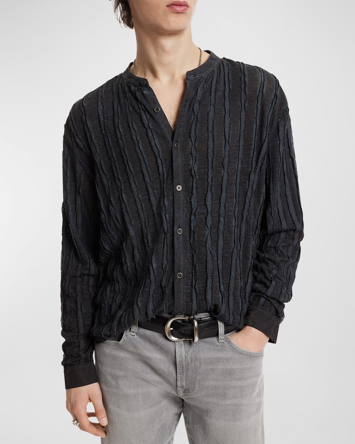 John Varvatos Men's Baxter Mixed-Media Stand-Collar Shirt