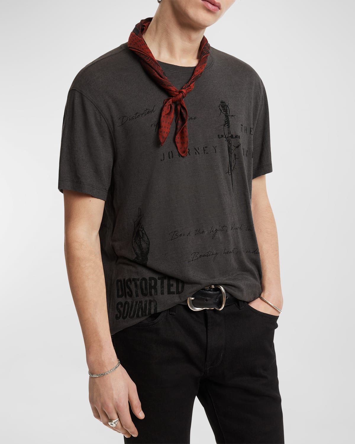 John Varvatos Distorted Sound Linen Blend Graphic Tee In Coal