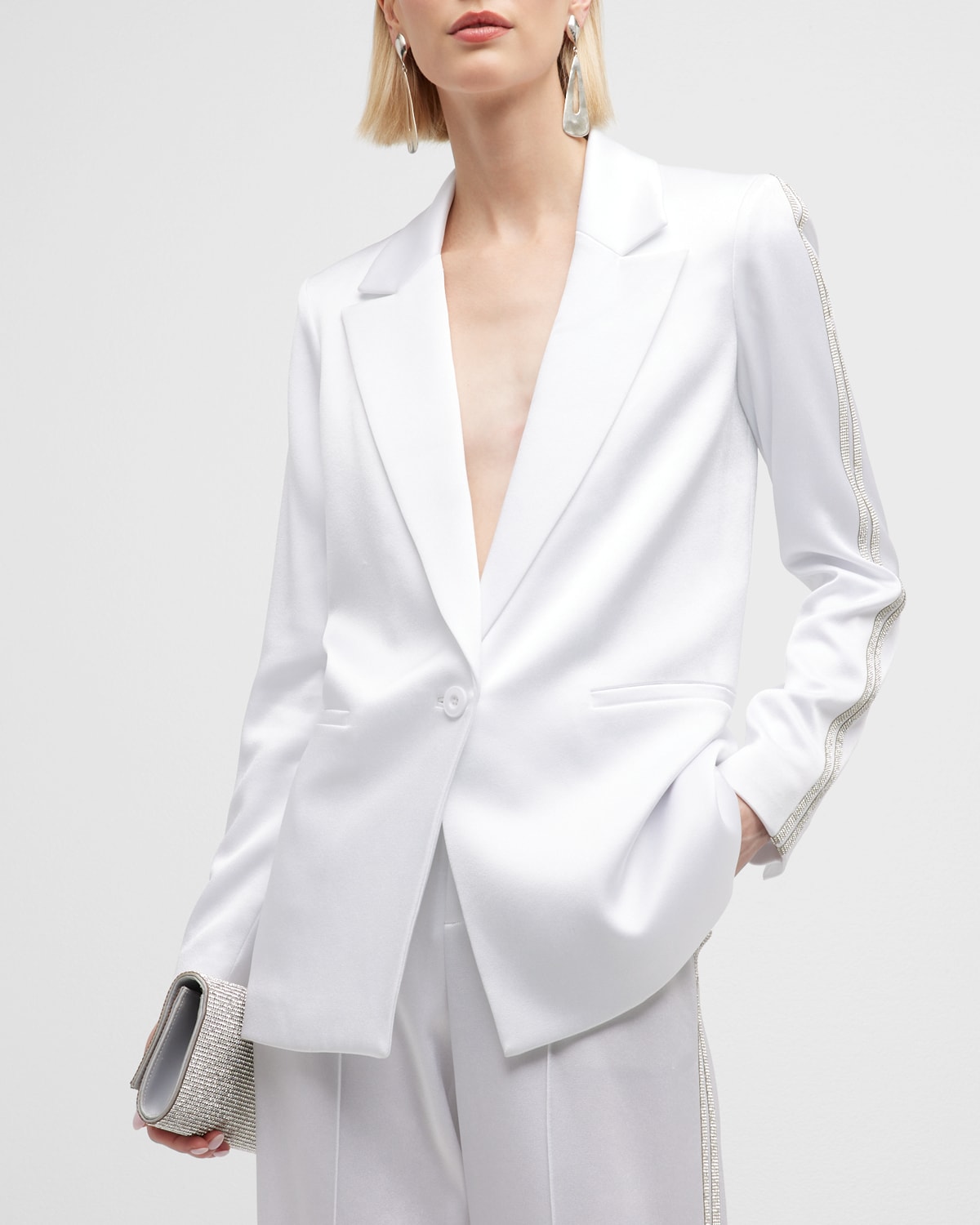 Shop Alice And Olivia Denny Satin Blazer With Crystal Trim In White