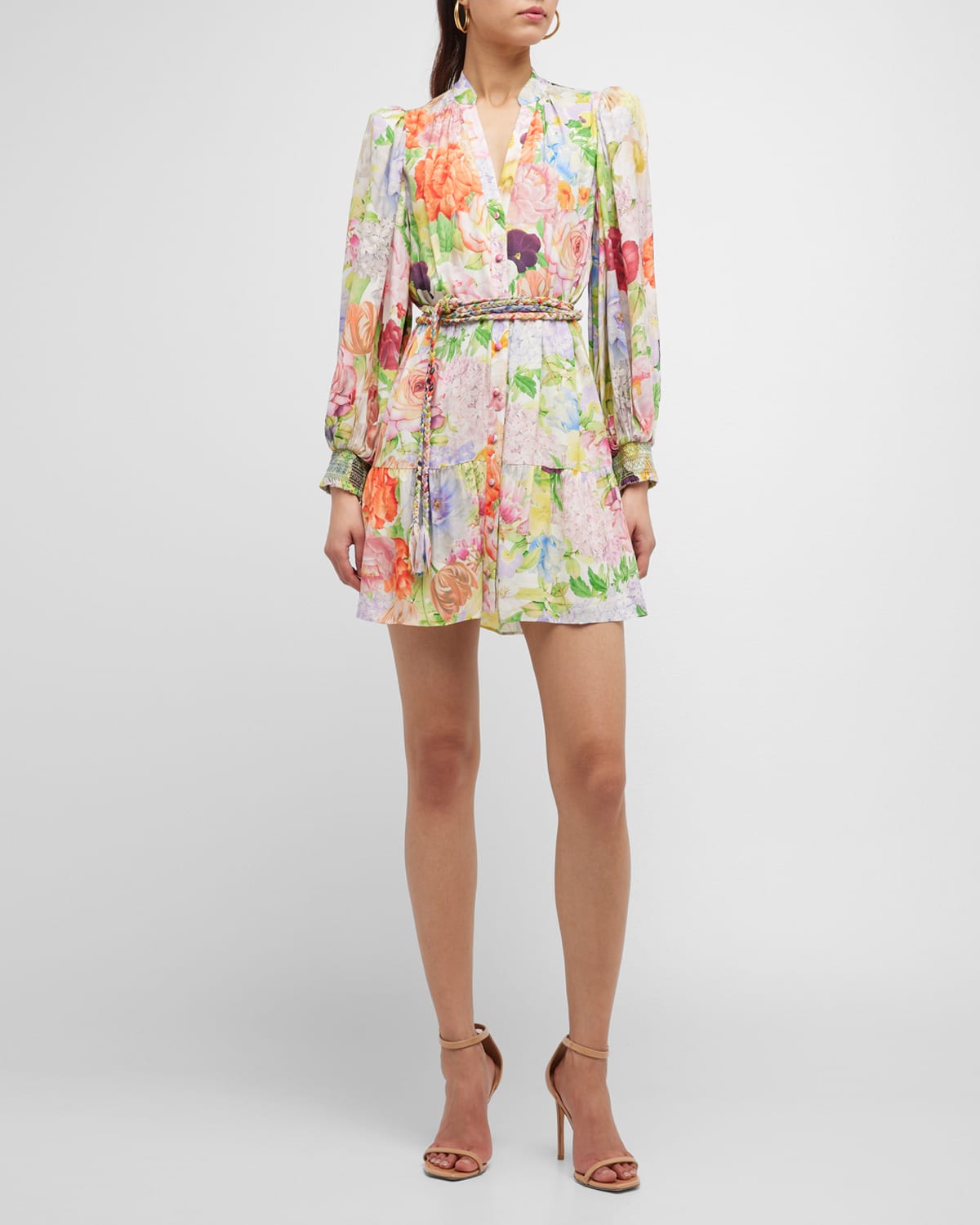 ALICE AND OLIVIA FLORAL ANTONETTE BUTTON-FRONT MINI SHIRTDRESS