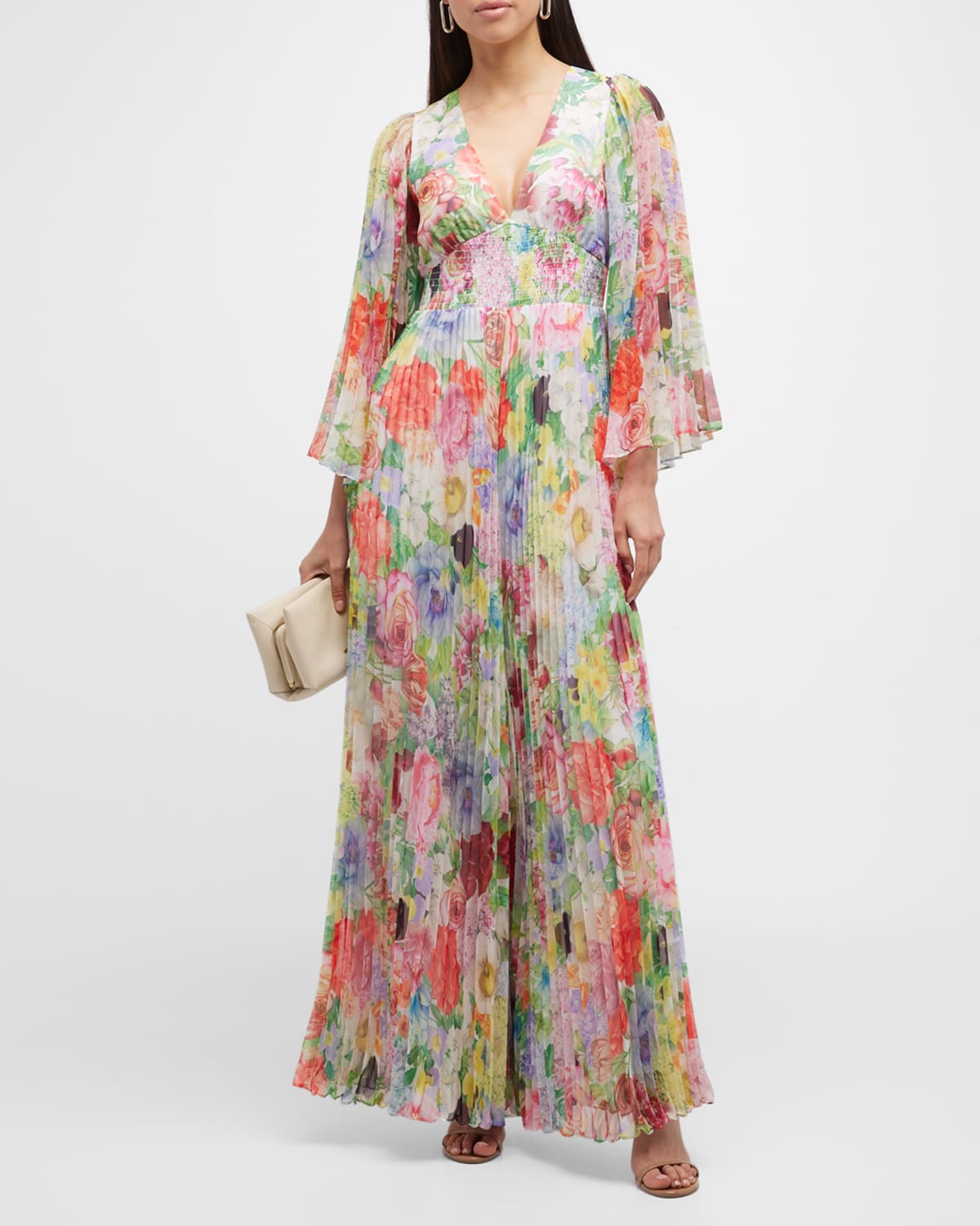 Alice And Olivia Bennet Pleated Floral-print Chiffon Jumpsuit In Dawn Floral