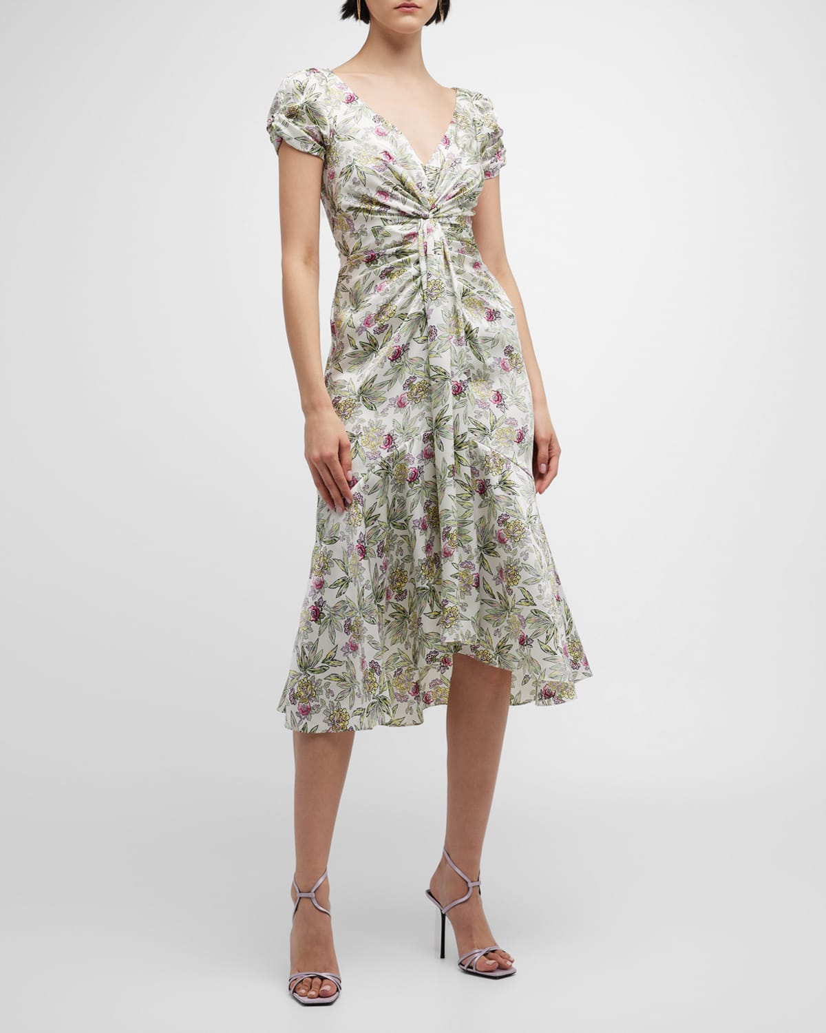 Cinq À Sept Walker Twisted Floral Twill Midi Dress In Ivory Multi