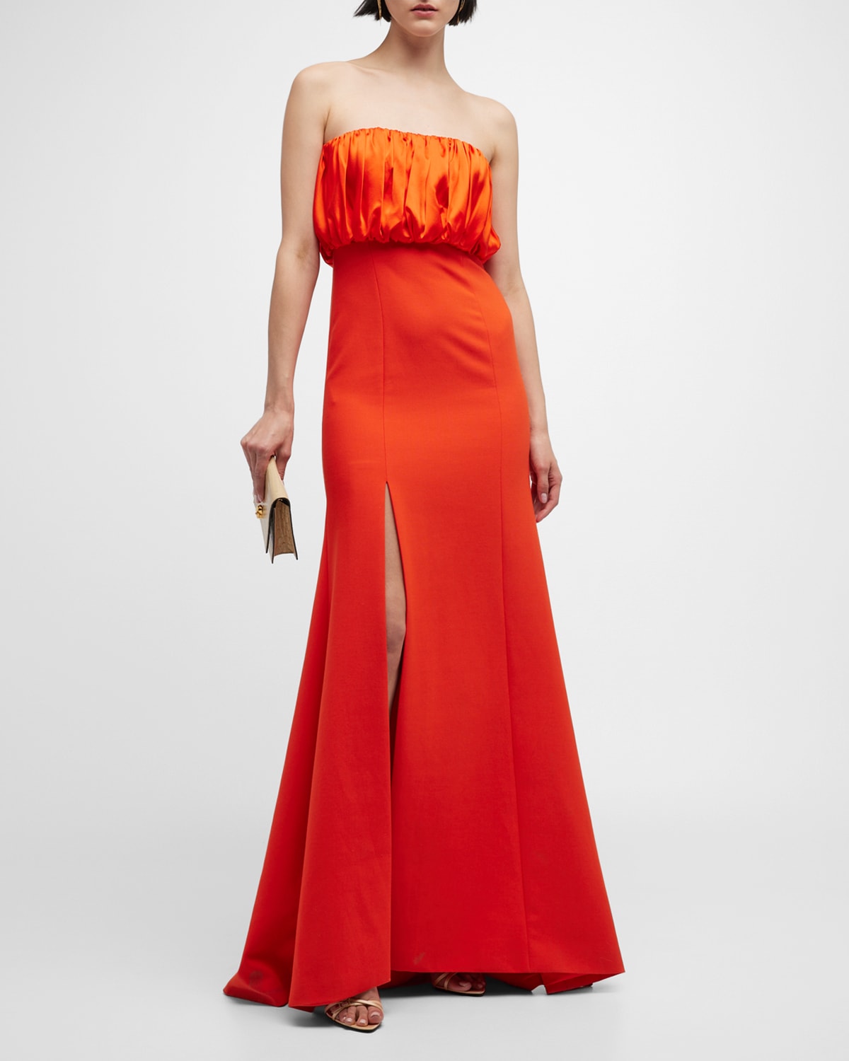 Cinq À Sept Laurence Strapless Pleated-bodice Slit Gown In Cherry Tomato