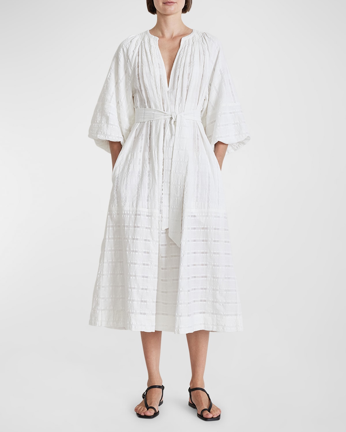 Apiece Apart Sun Mesa Blouson-sleeve Grid Midi Dress In Cream