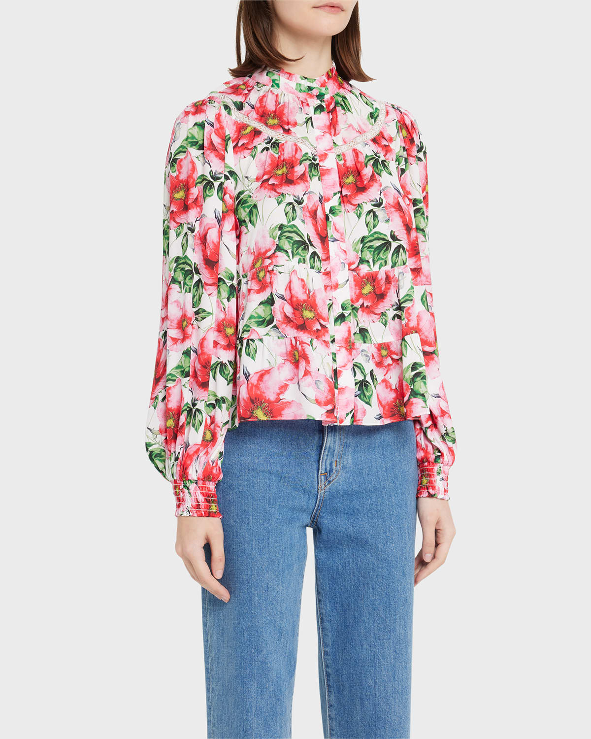 Alice And Olivia Floral Jaclyn Smocked-sleeve Blouse In High Tea Floral