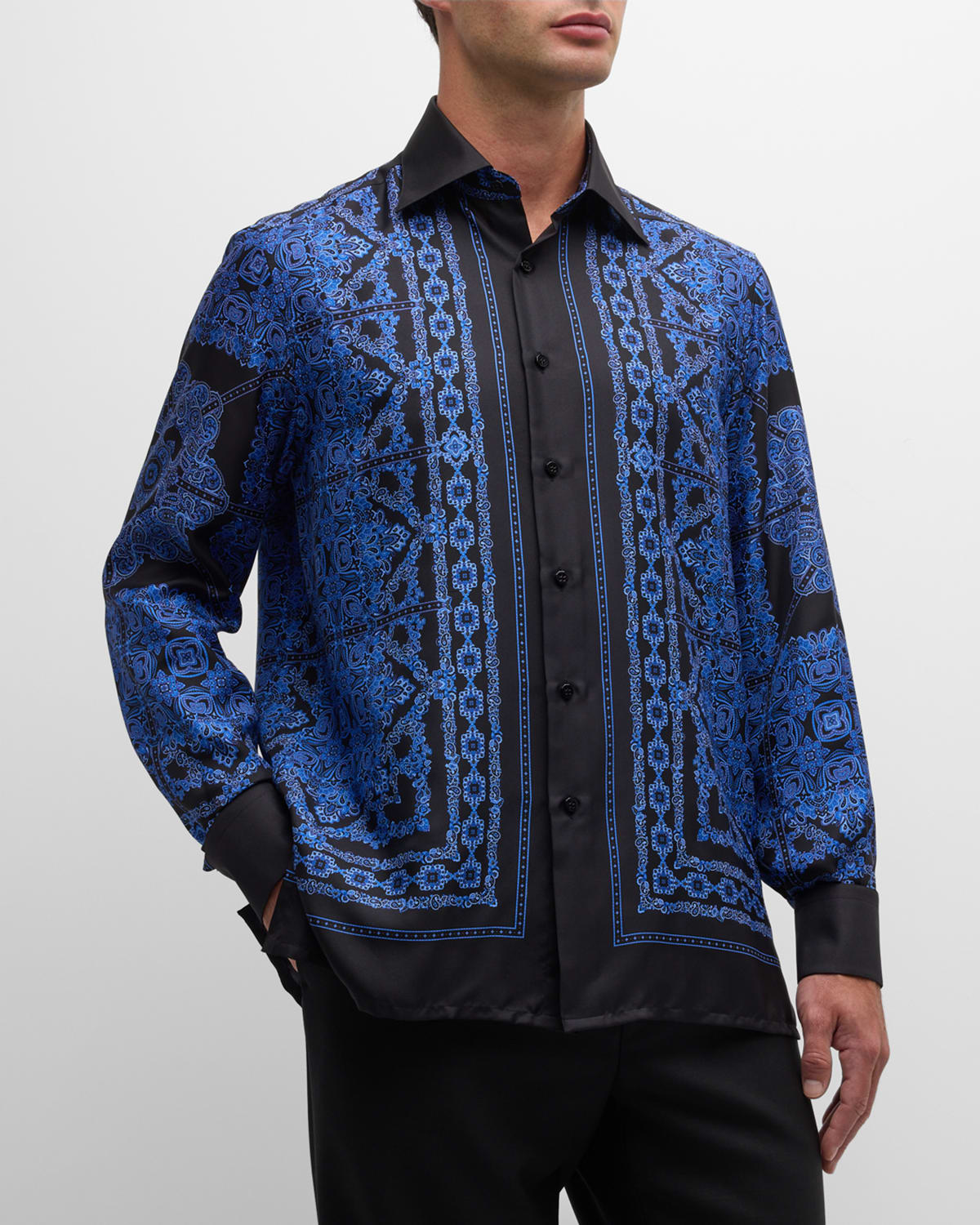 Stefano Ricci Men's Medallion-print Silk Overshirt In Blue Black