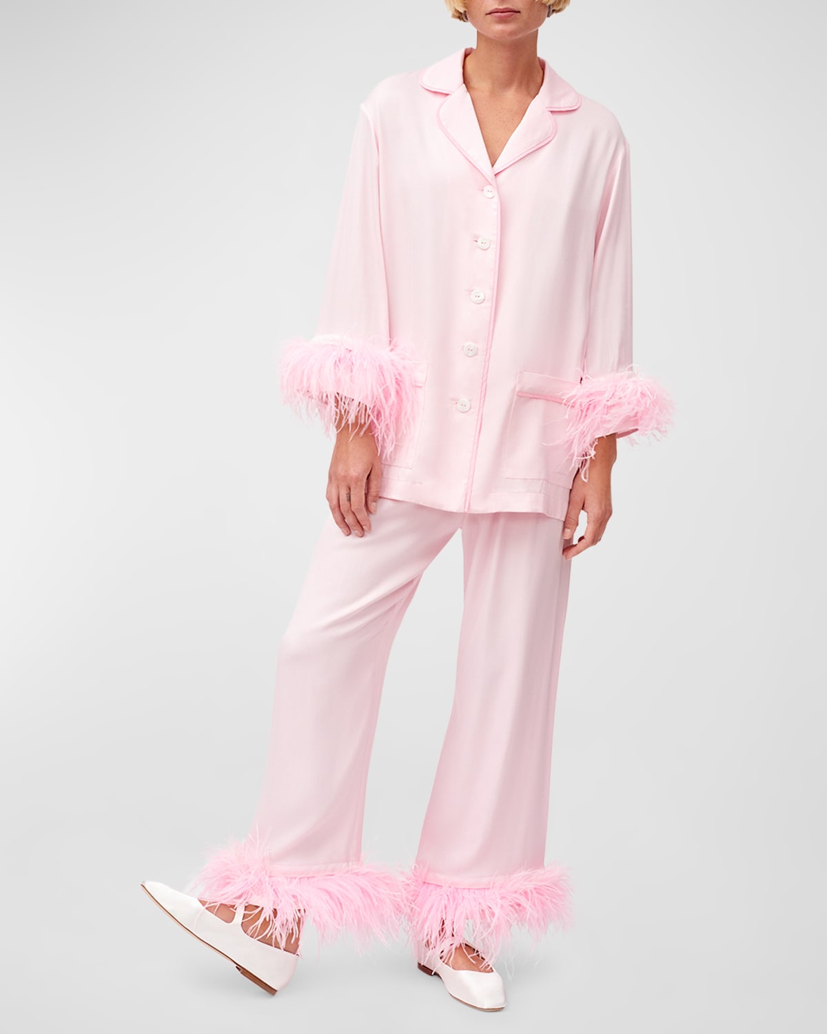 SLEEPER WEDDING CROPPED FEATHER-TRIM PAJAMA SET