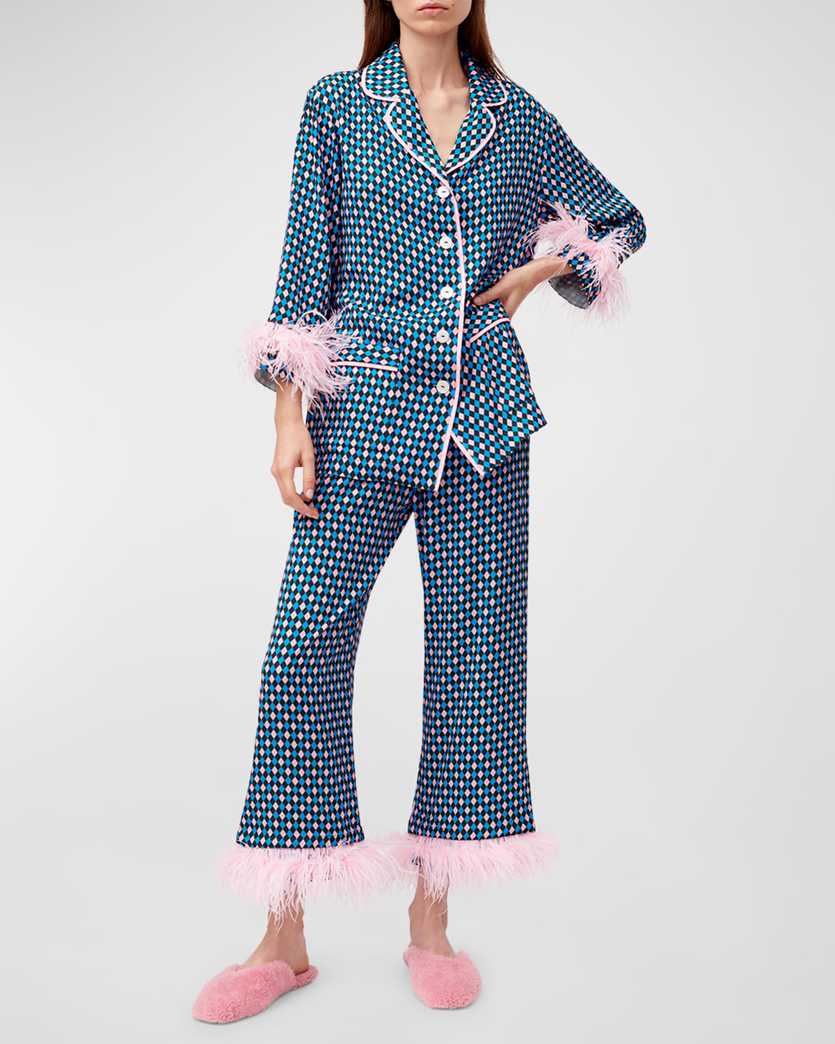 Sleeper Party Pajama Set With Double Feathers In Navy Pink