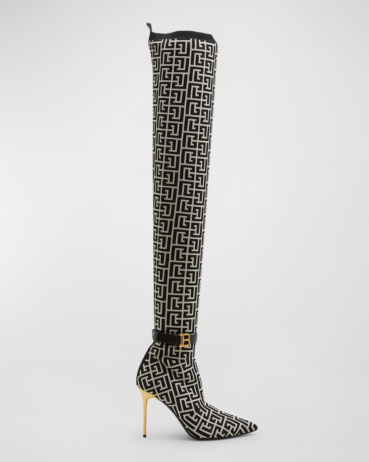 Balmain Bicolor Knit Raven Thigh-high Boots With Monogram Strap In Gfe Ivoirenoir