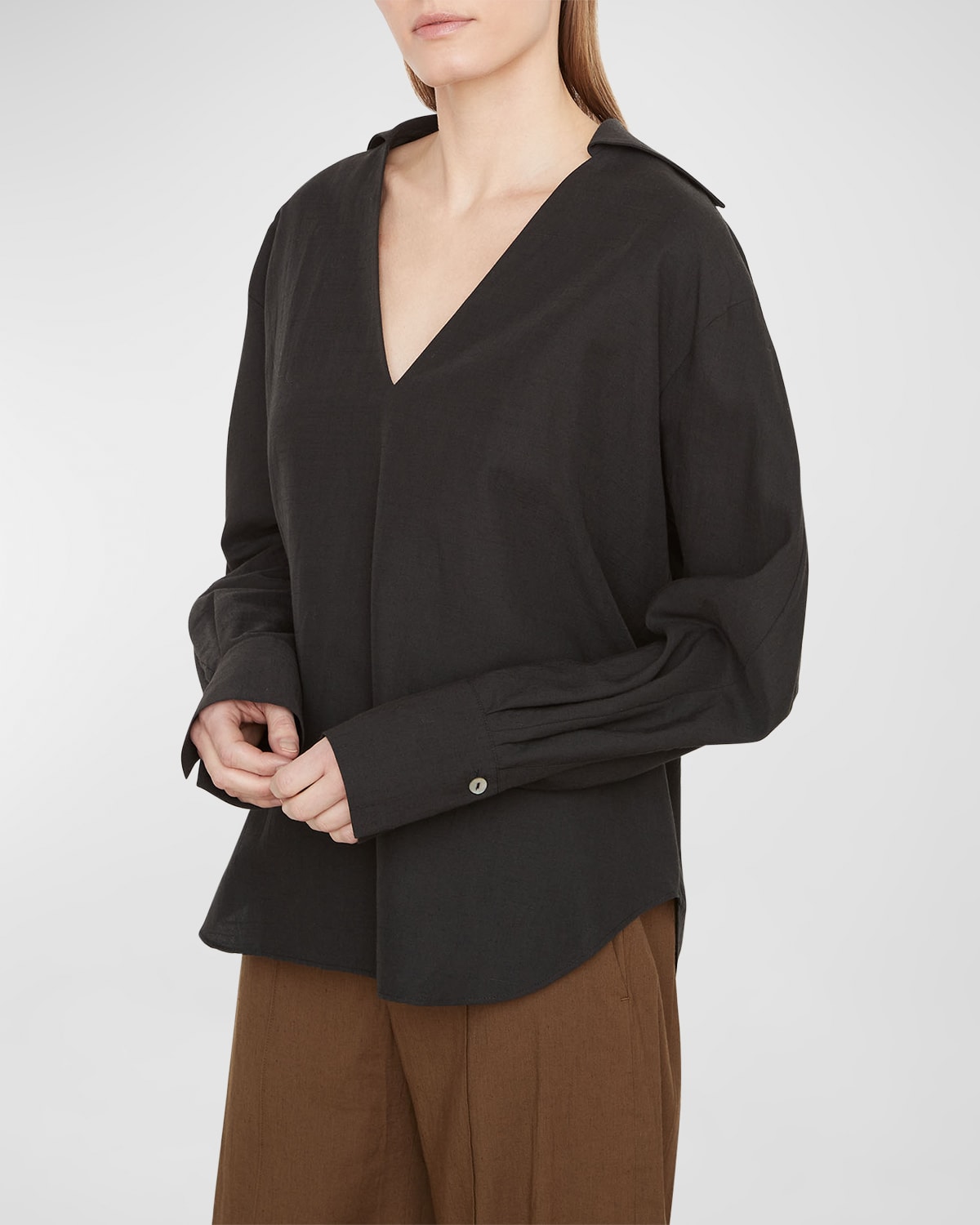 Vince Shaped-collar V-neck Popover Top In Sandshell