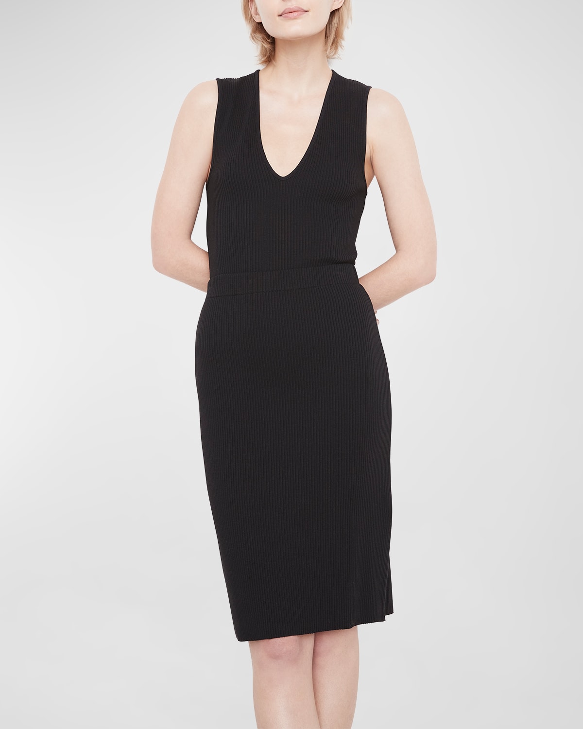 Vince Ribbed Back-slit Midi Skirt In Black