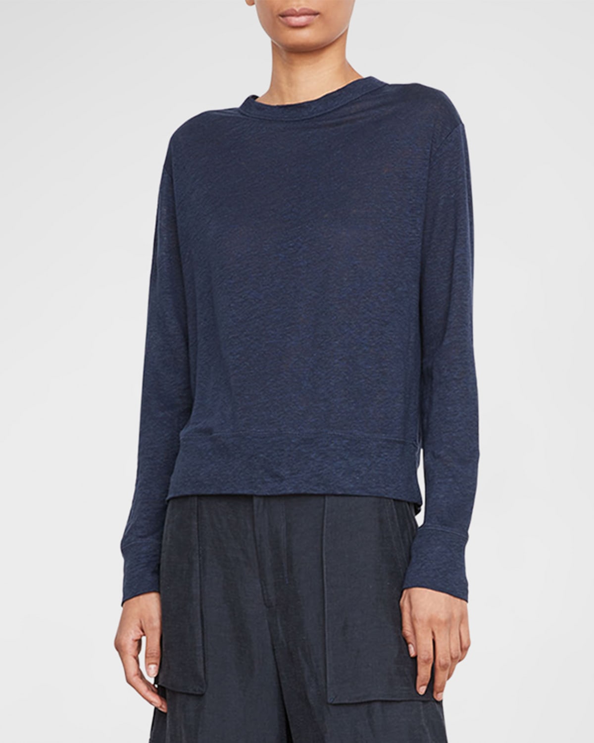 VINCE LINEN DROP-SHOULDER CREWNECK TOP