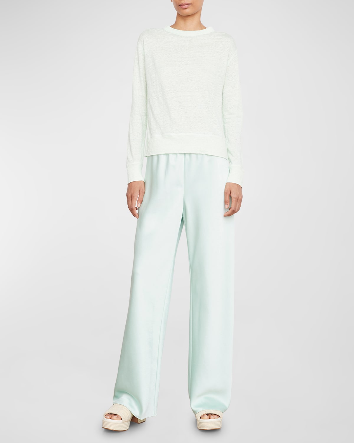 VINCE LINEN DROP-SHOULDER CREWNECK TOP