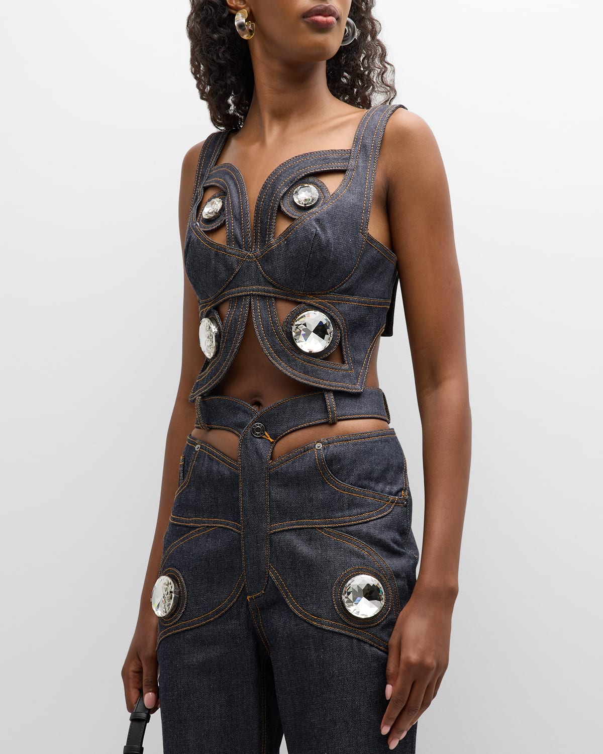 Area Butterfly Crystal Detail Raw Denim Top In Dark Indigo