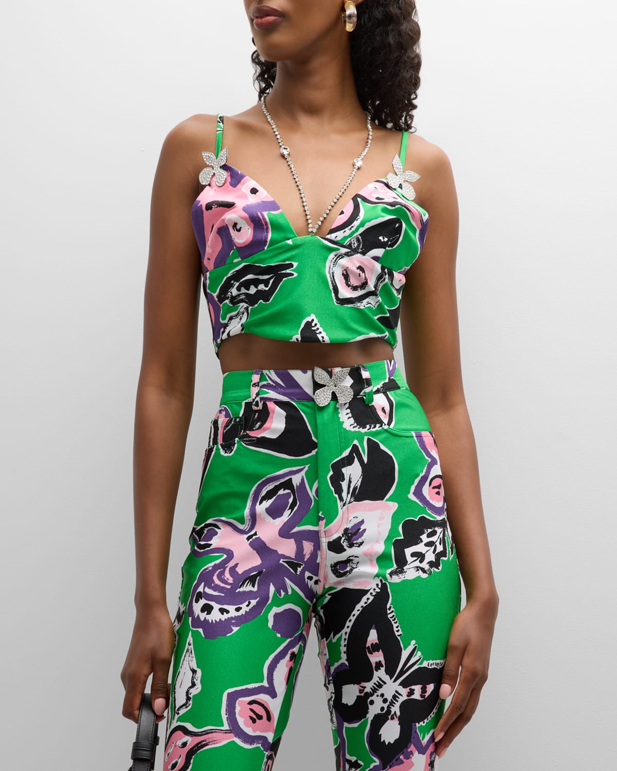 Area Crystal-embellished Printed Jersey Bustier Top In Green Multi
