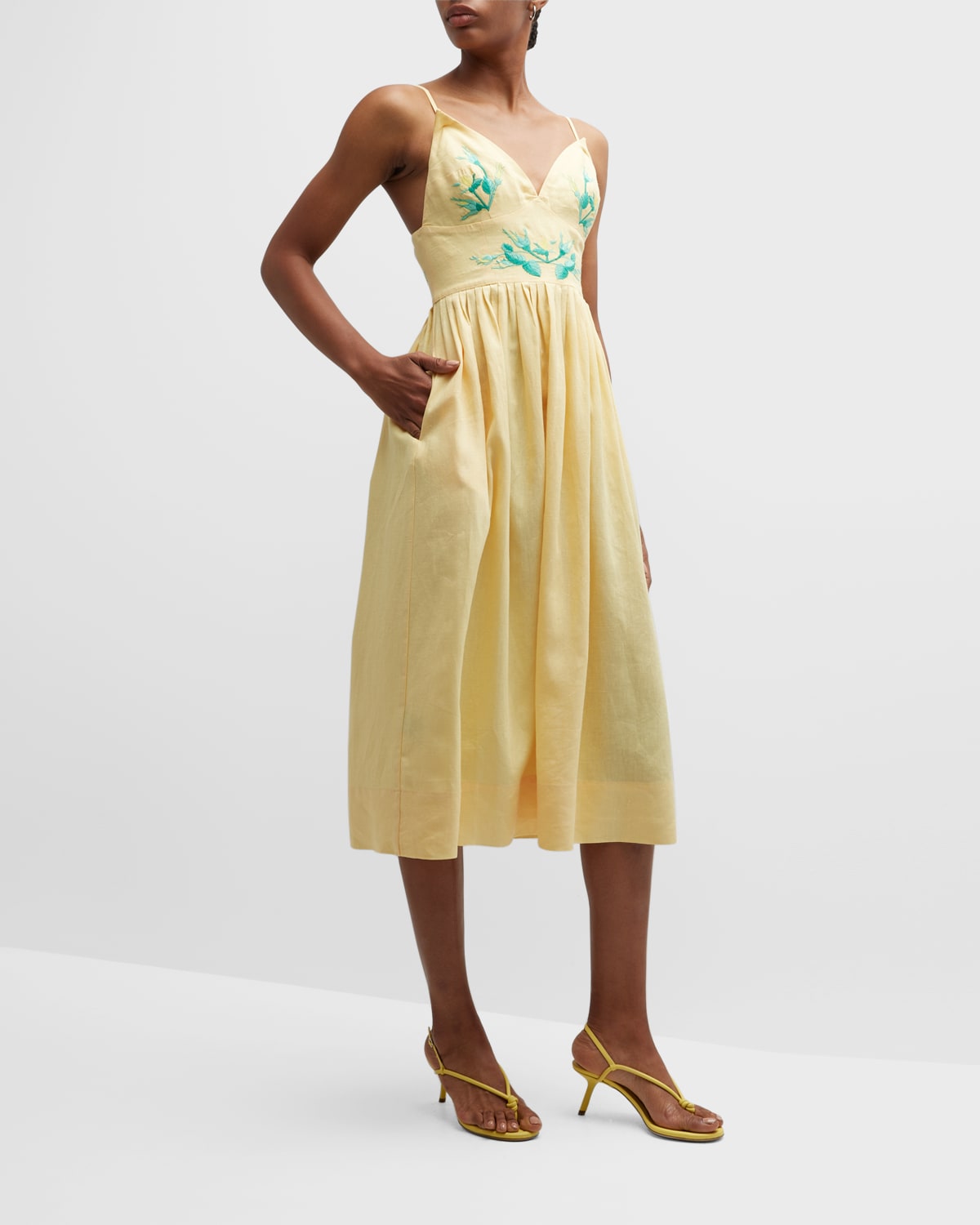 FANM MON Emilie Pleated Linen Midi Dress with Embroidery