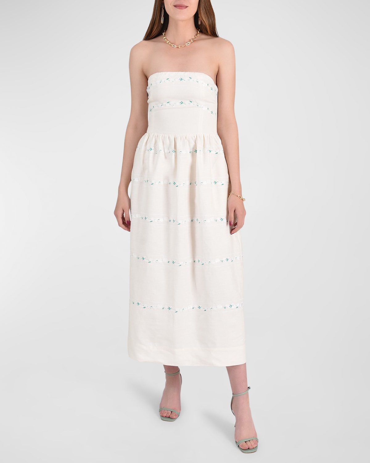 FANM MON Anim Strapless Linen Embroidered Midi Dress