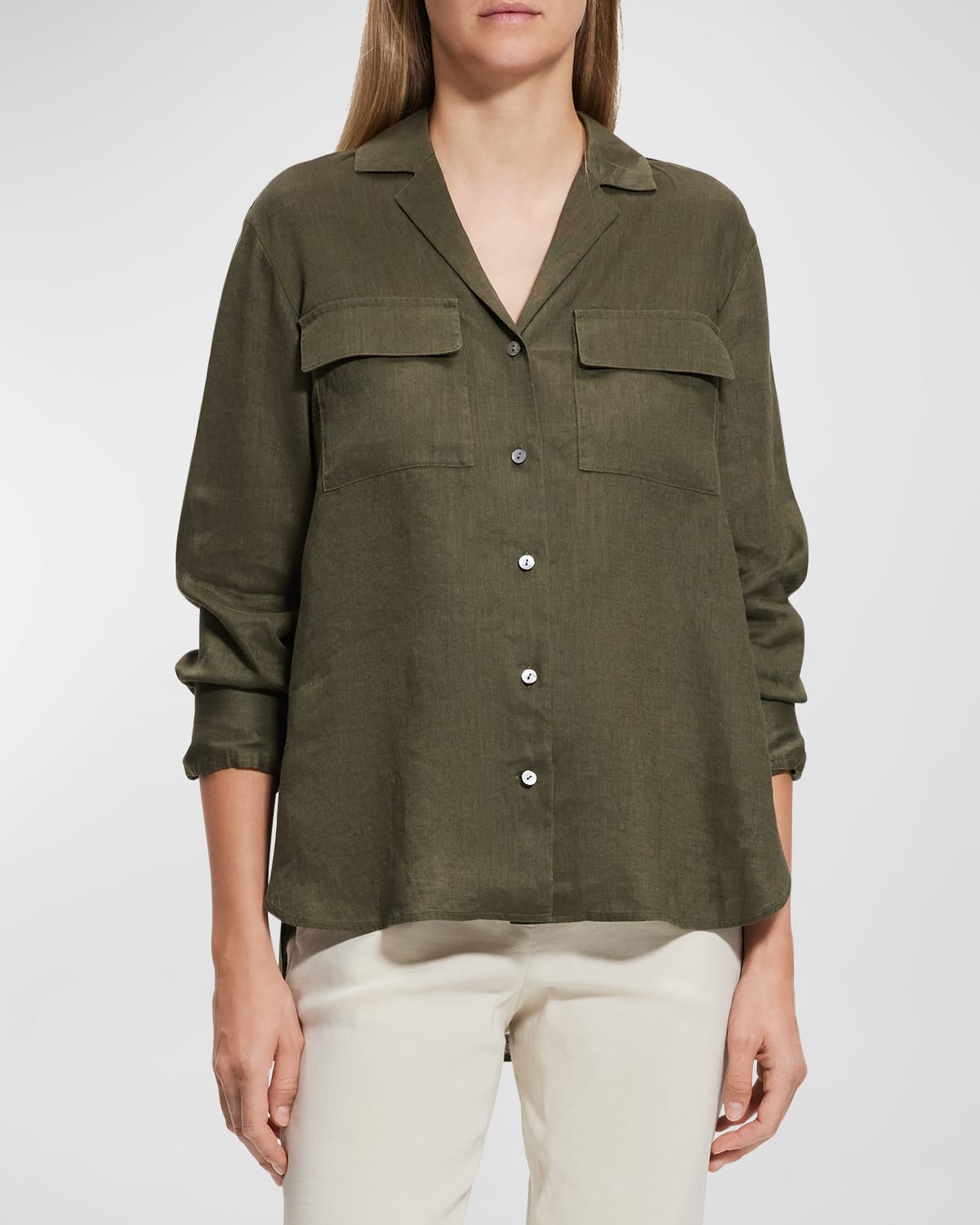 Shop Theory Notched-collar Relaxed Linen Shirt In Dk Olive