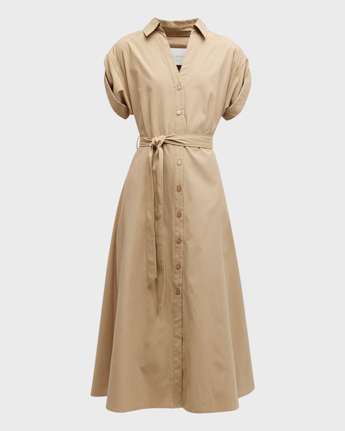 Fia Belted Short-Sleeve Poplin Midi Shirtdress