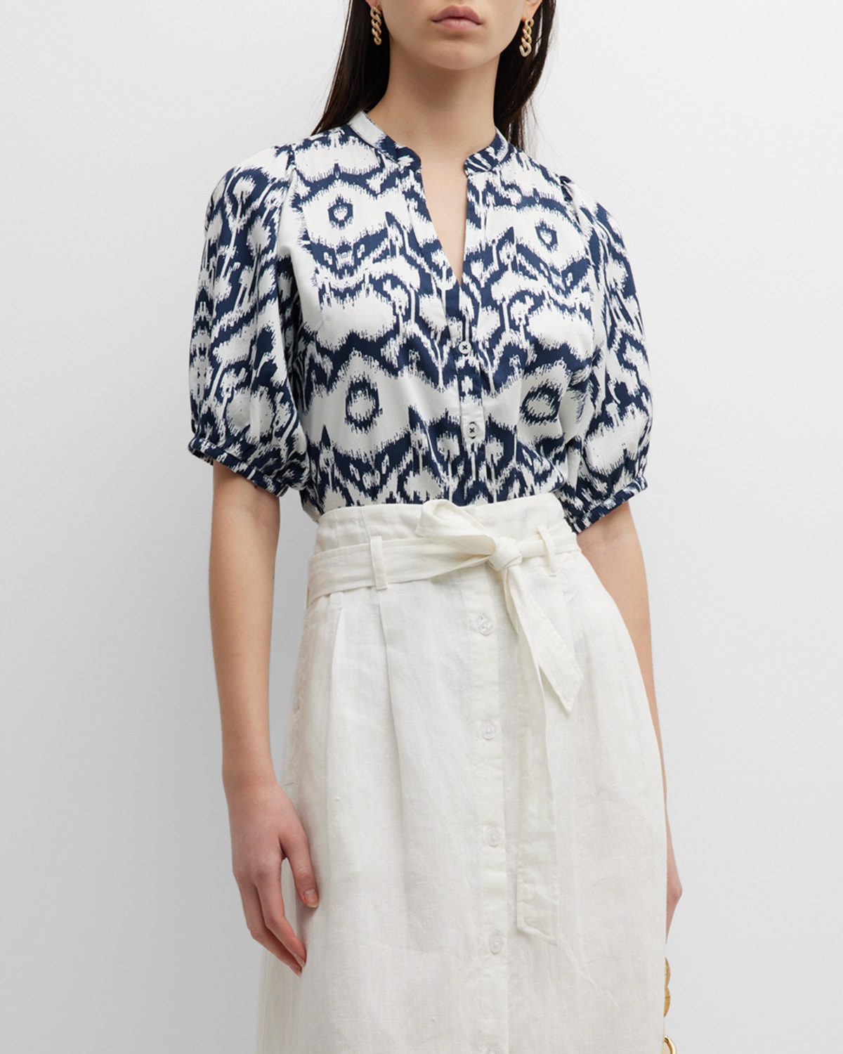 Brochu Walker Asteria Ikat-Print Button-Down Poplin Blouse