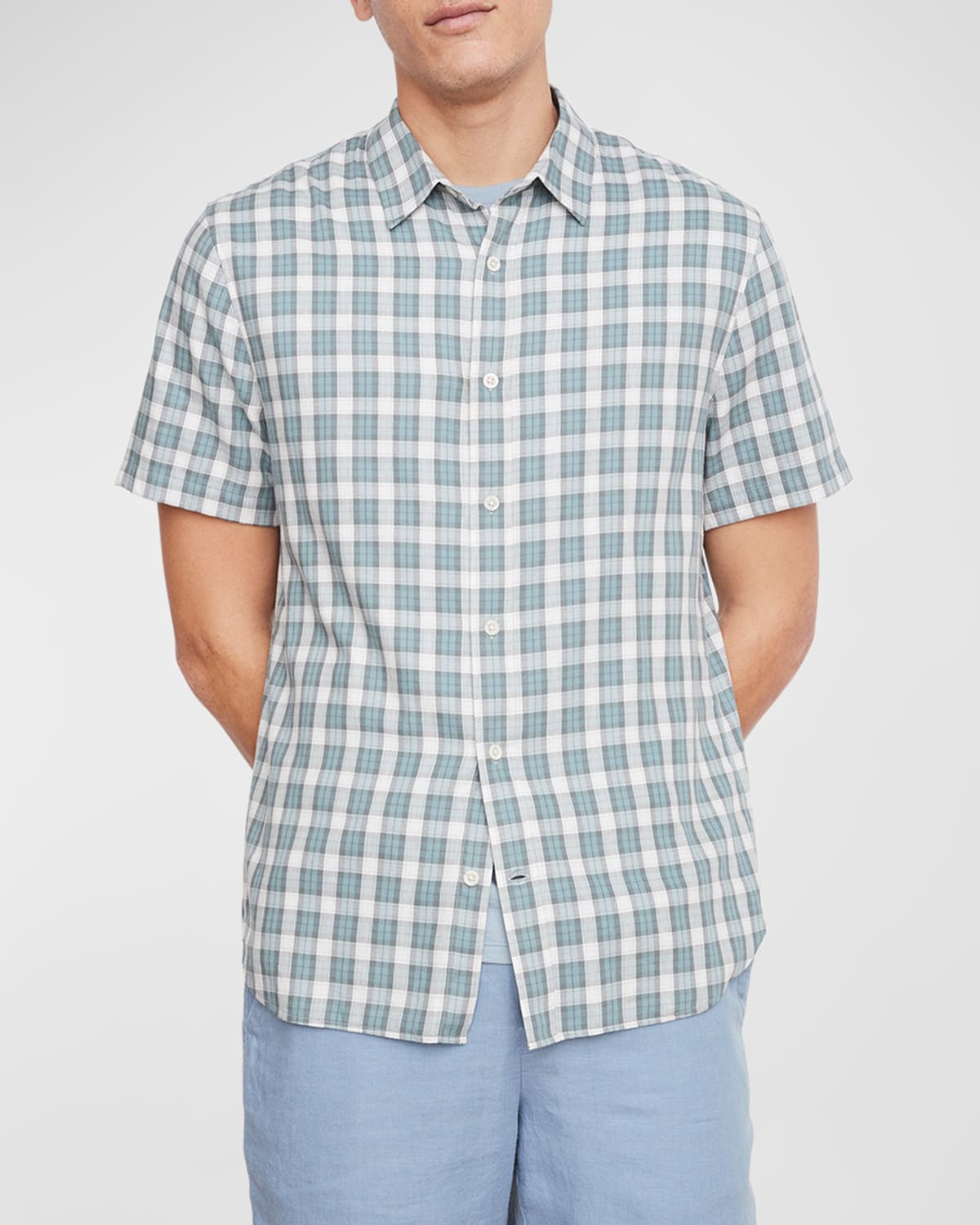 Vince Cannes Plaid Short Sleeve Button-up Shirt In Teal Pool