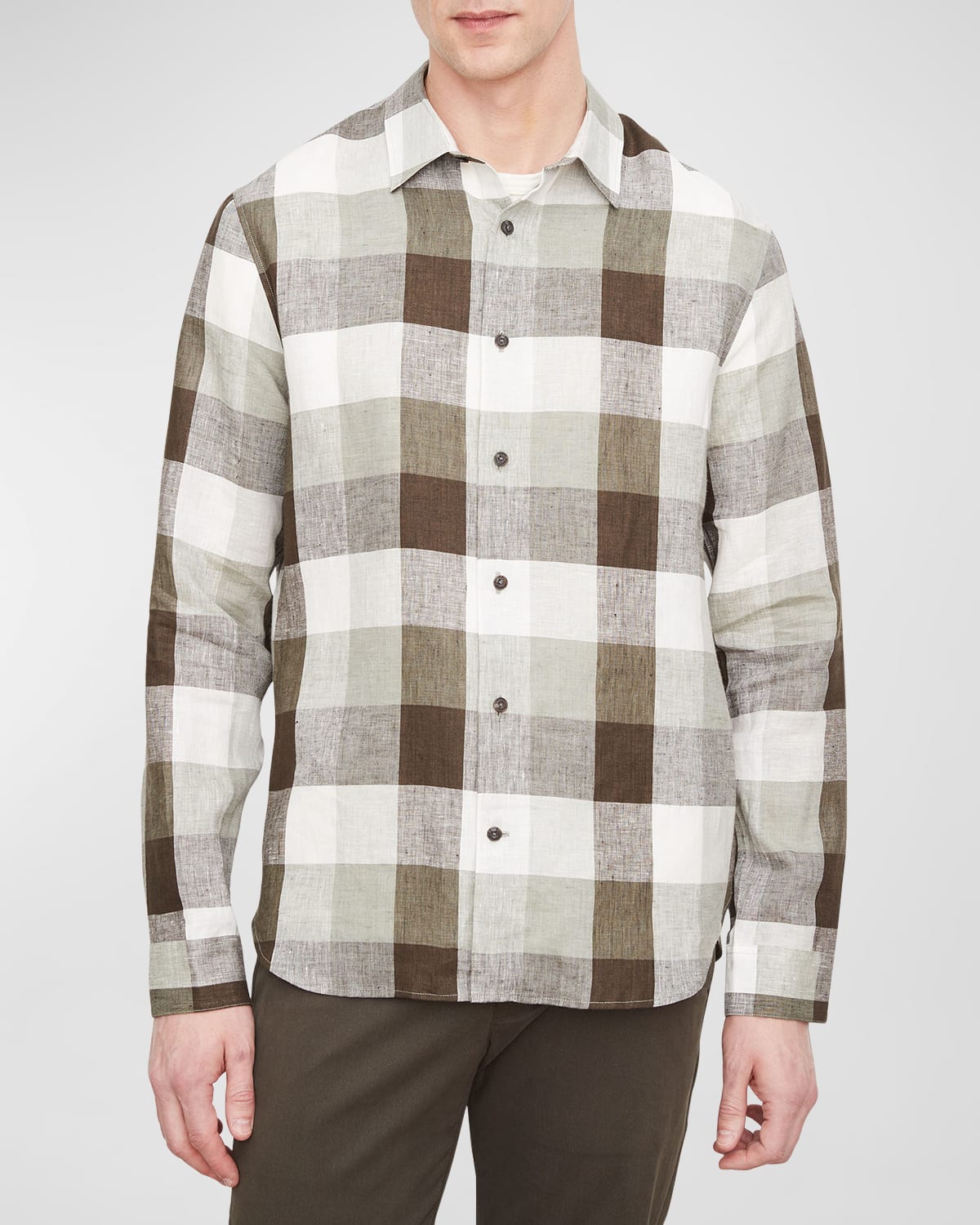 Vince Madrid Buffalo Check Linen Button-up Shirt In Sage/off White