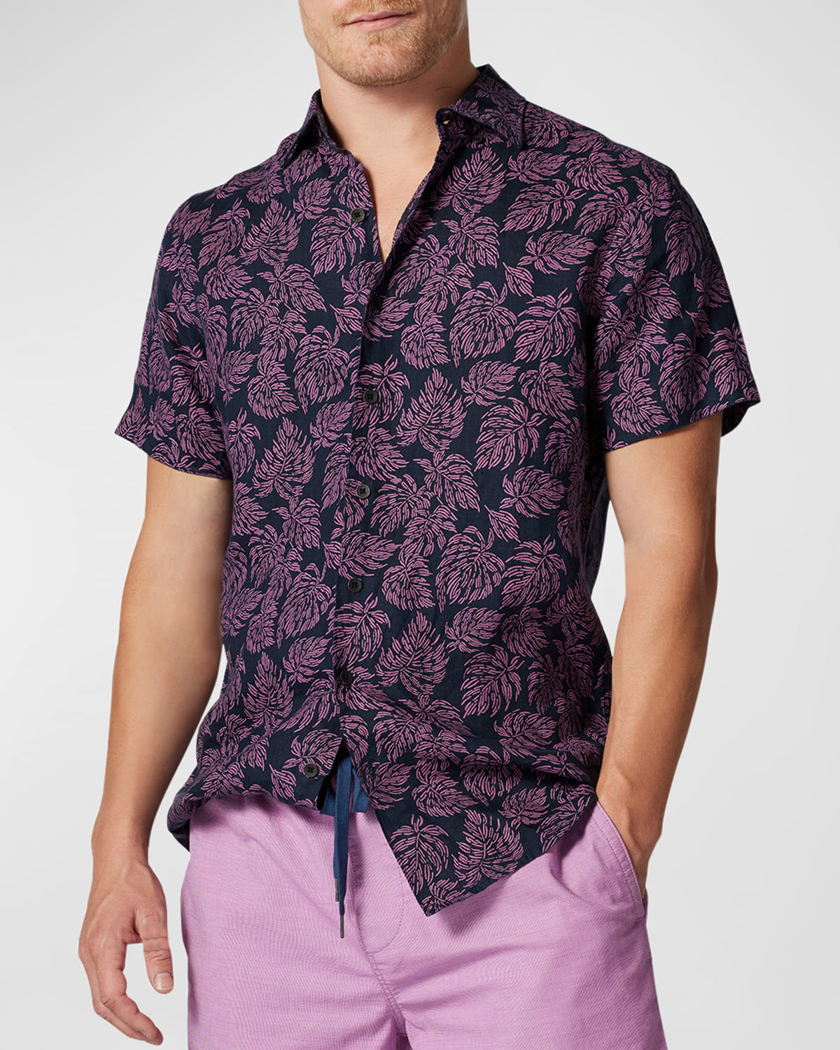 Rodd & Gunn Yelverton Sport Fit Frond Print Short Sleeve Linen Button-up Shirt In Deep Sea