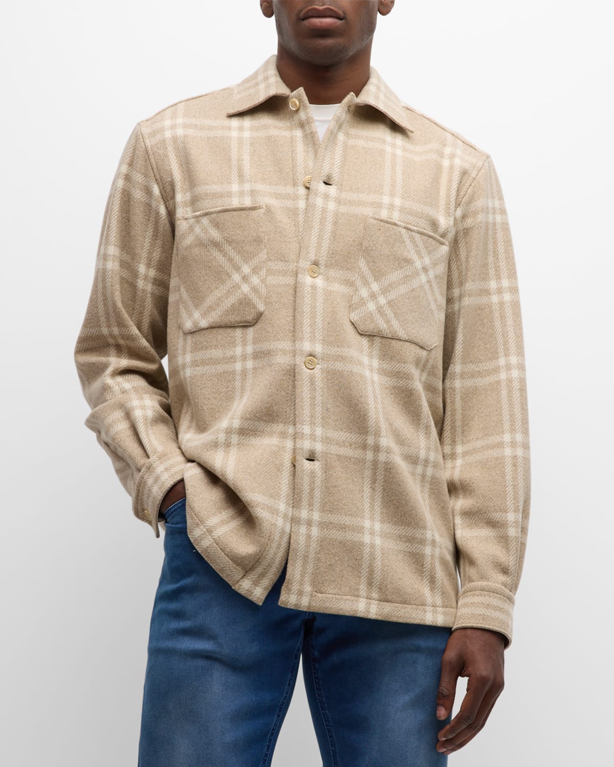 Stefano Ricci Men's Wool-cashmere Plaid Overshirt In Whitebeige