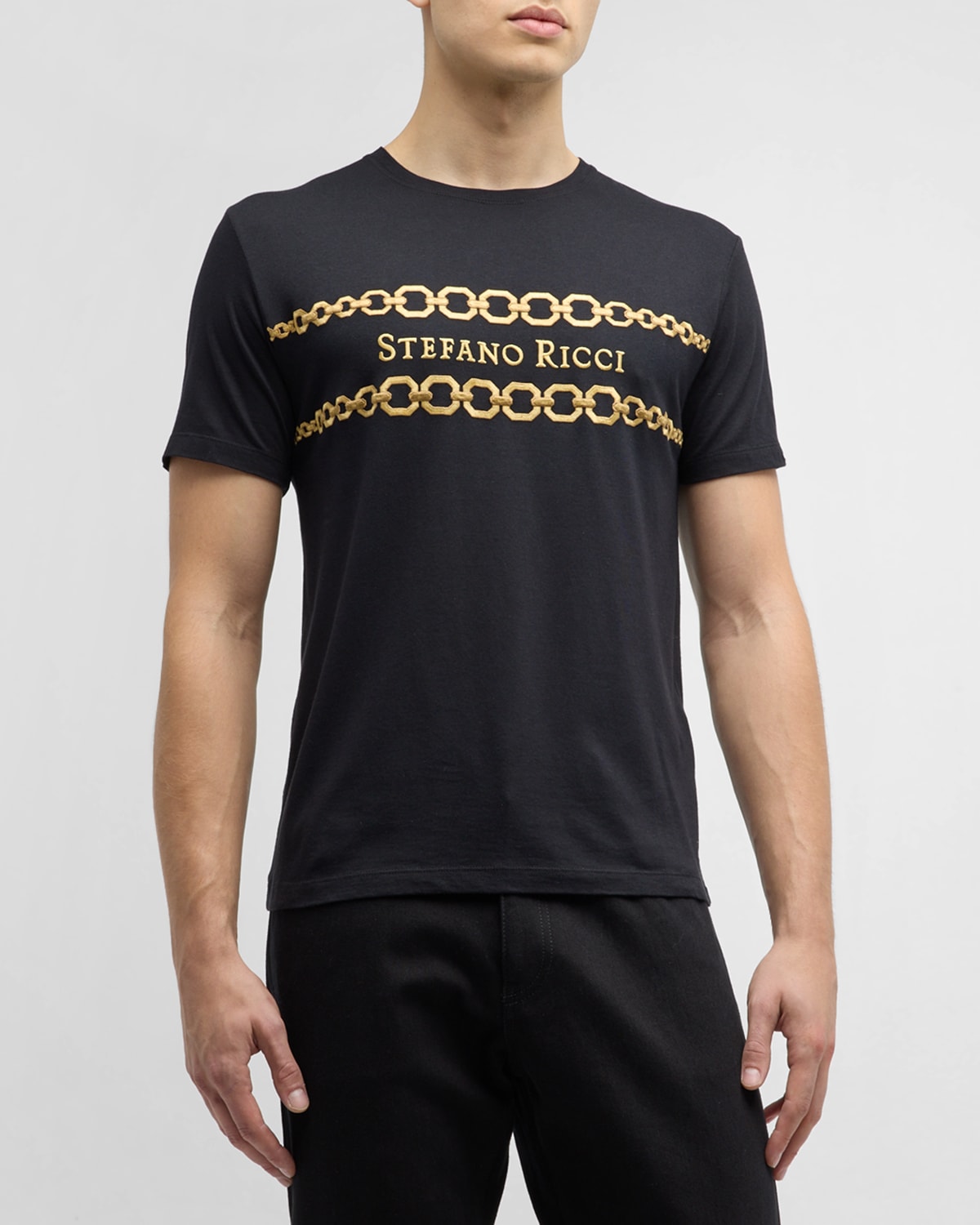 Stefano Ricci Men's Embroidered Chain Logo T-shirt In Black