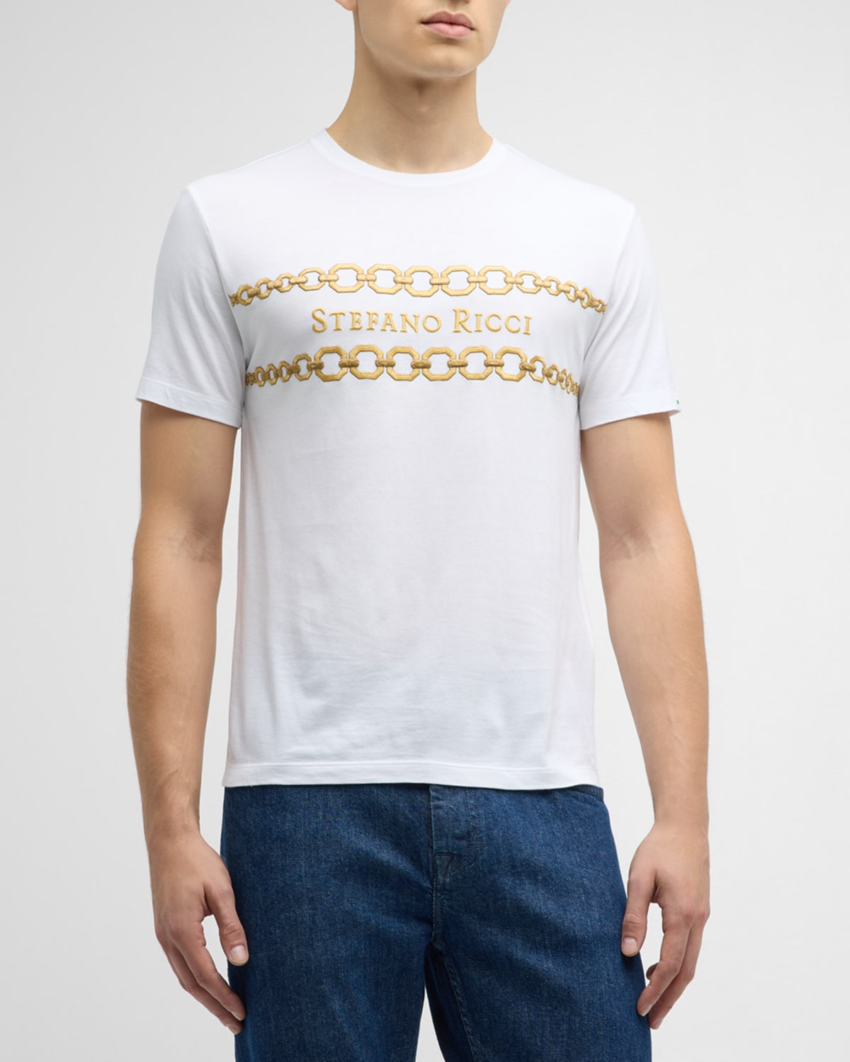 Stefano Ricci Men's Embroidered Chain Logo T-shirt In White