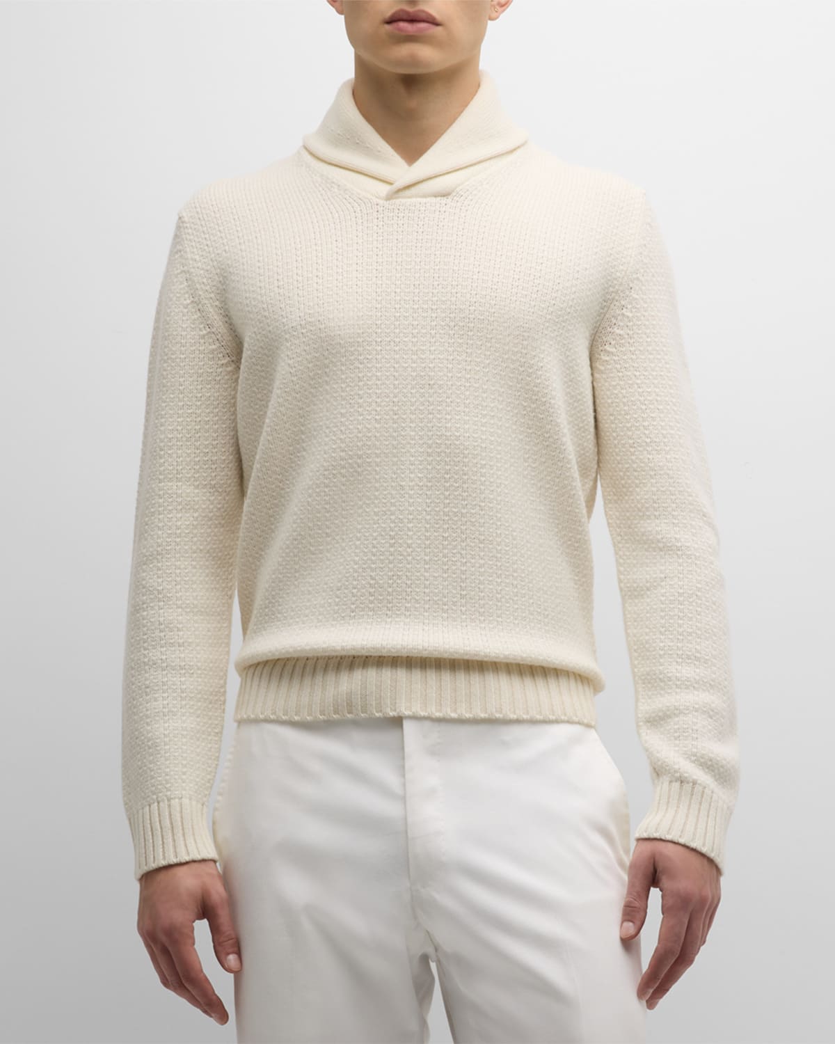Stefano Ricci Men's Cashmere Knit Shawl Collar Sweater In Ivory