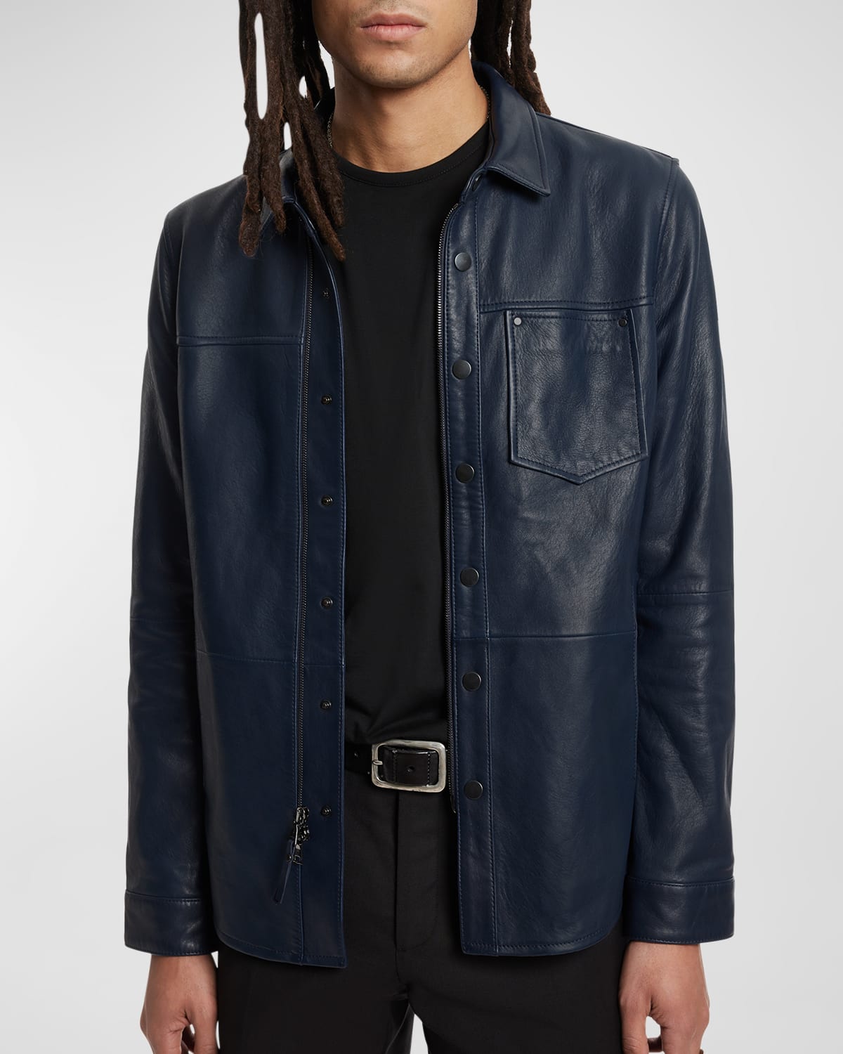 Shop John Varvatos Men's Leather Zip And Snap Jacket In Ink Blue