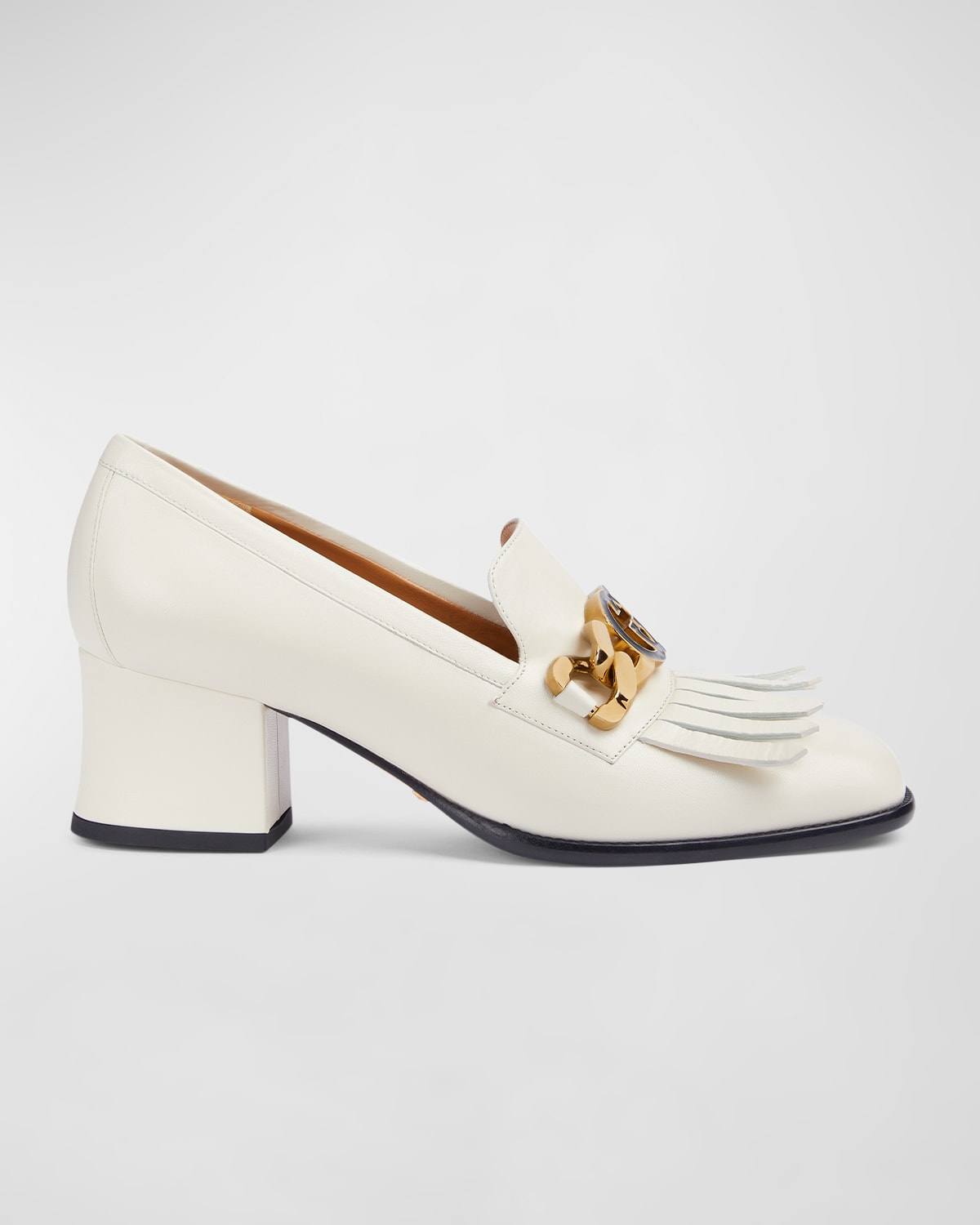 Gucci Jeanne Chain Kiltie Heeled Loafers In Mystic Wht