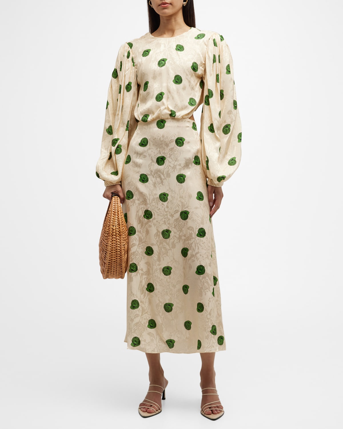 Johanna Ortiz Linda Shell-Print Puff-Sleeve Midi Dress