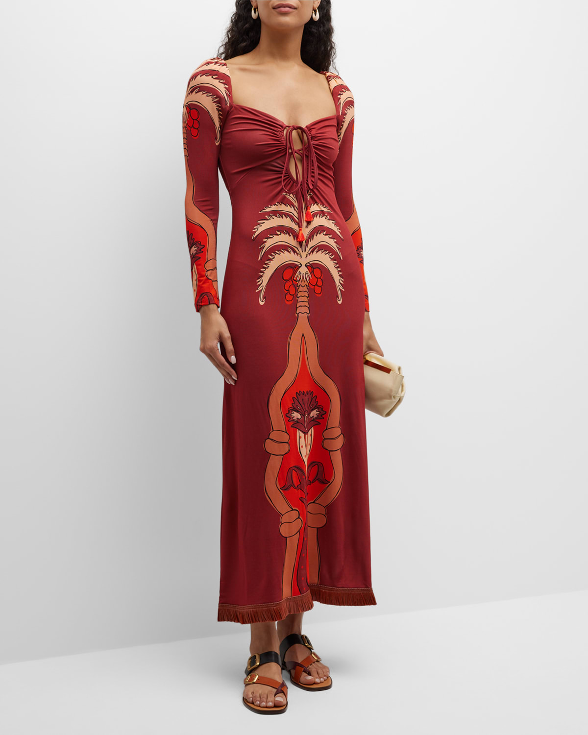 Baraflorida Palm-Print Fringe-Hem Long-Sleeve Midi Dress