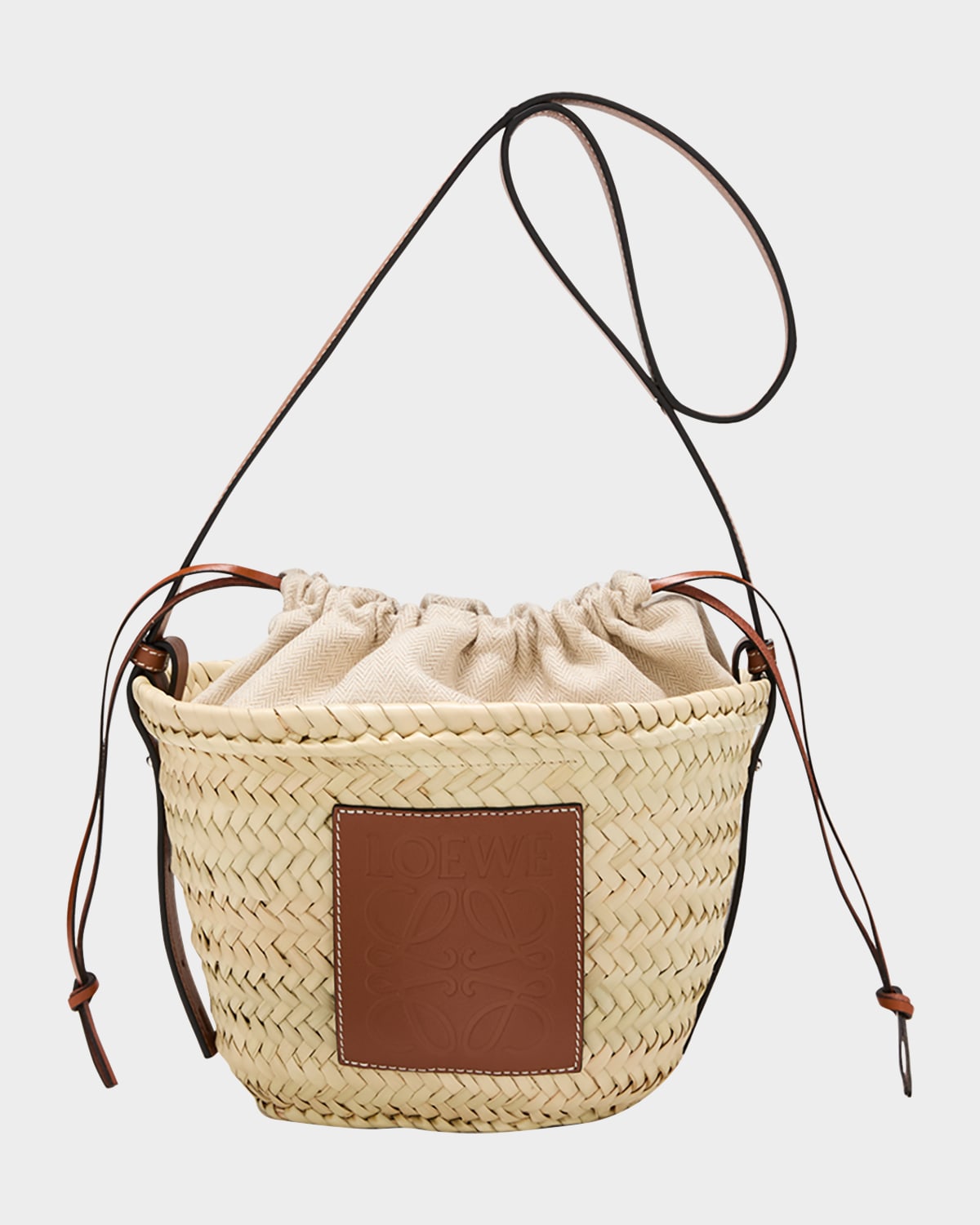 Loewe X Paula's Ibiza Basket Bucket Bag In Palm Leaf With Drawstring Pouch And Leather Strap In Brown