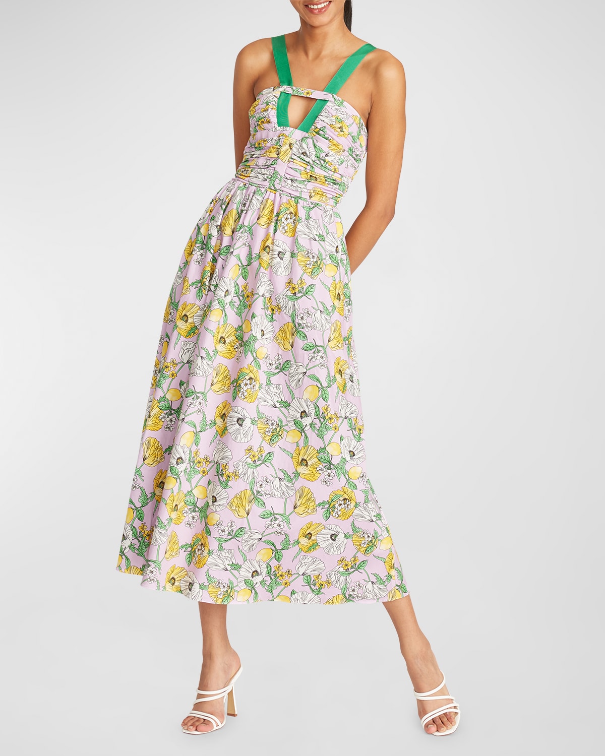 Amur Leone Floral Cotton Keyhole Halter Midi Dress In Lilac Petal Lemon
