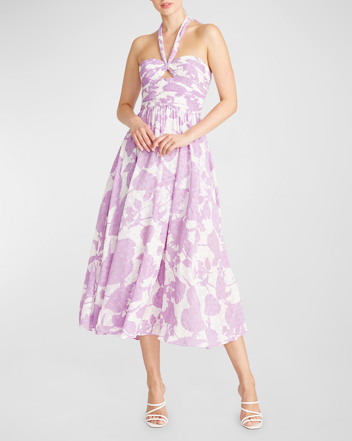 AMUR Selina Halter Tie-Bow Floral Midi Dress
