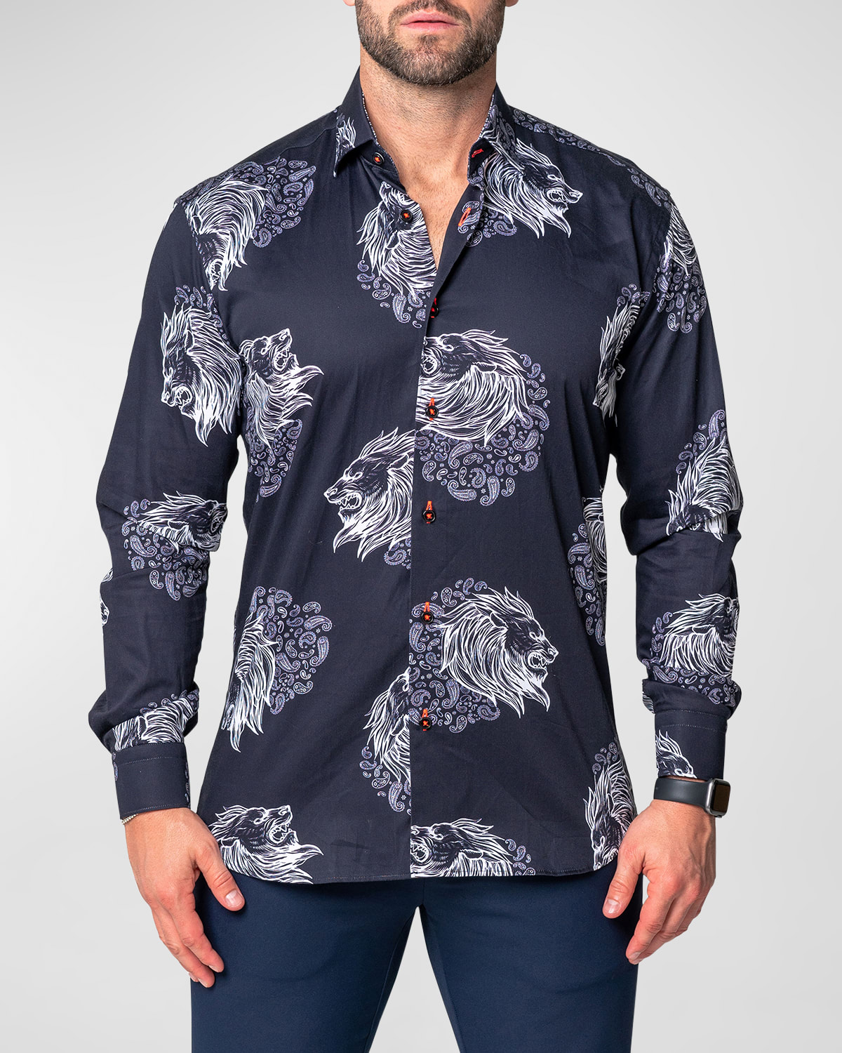Maceoo Fibonacci Lionpaisley Cotton Button-up Shirt In Black