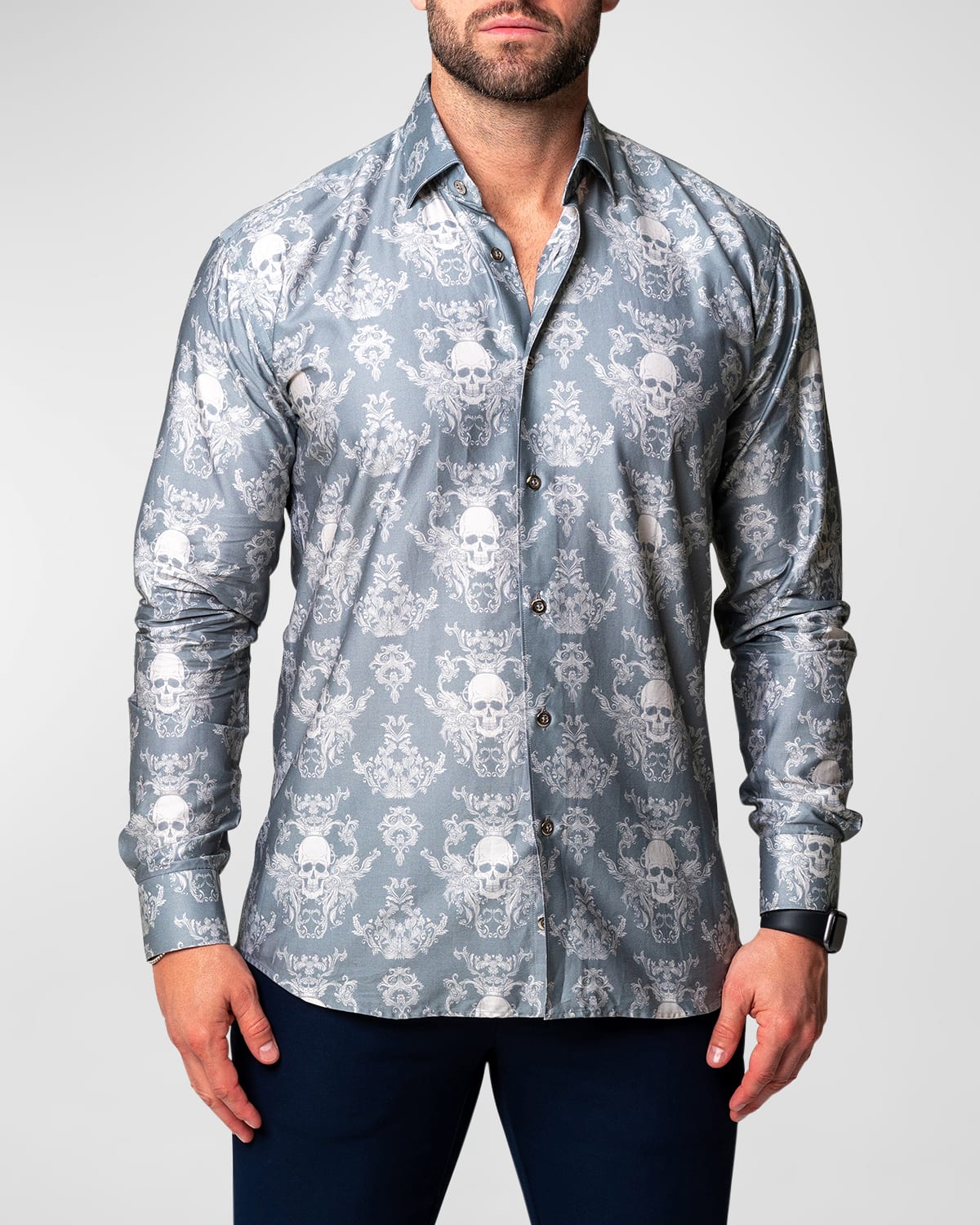 Maceoo Fibonacci Skull King Contemporary Fit Button-up Shirt In Grey