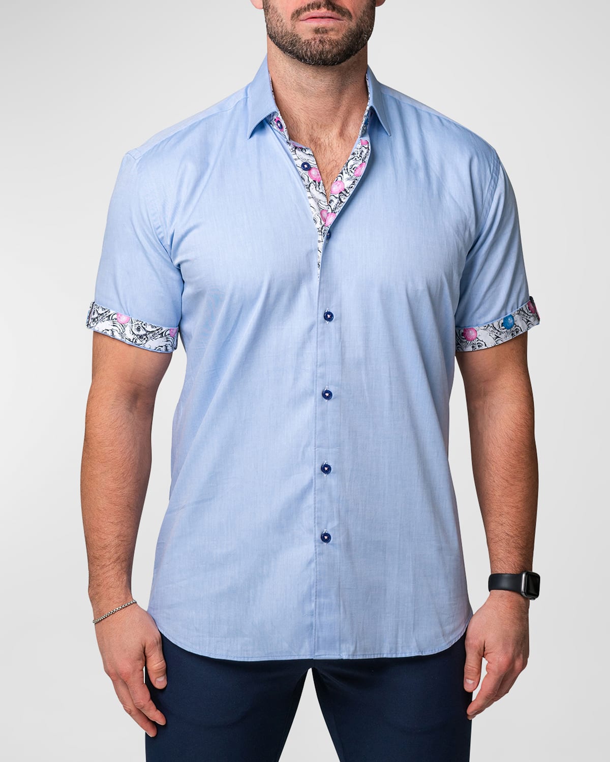 Maceoo Galileo Washed Blue Short Sleeve Contemporary Fit Button-up Shirt In Blue