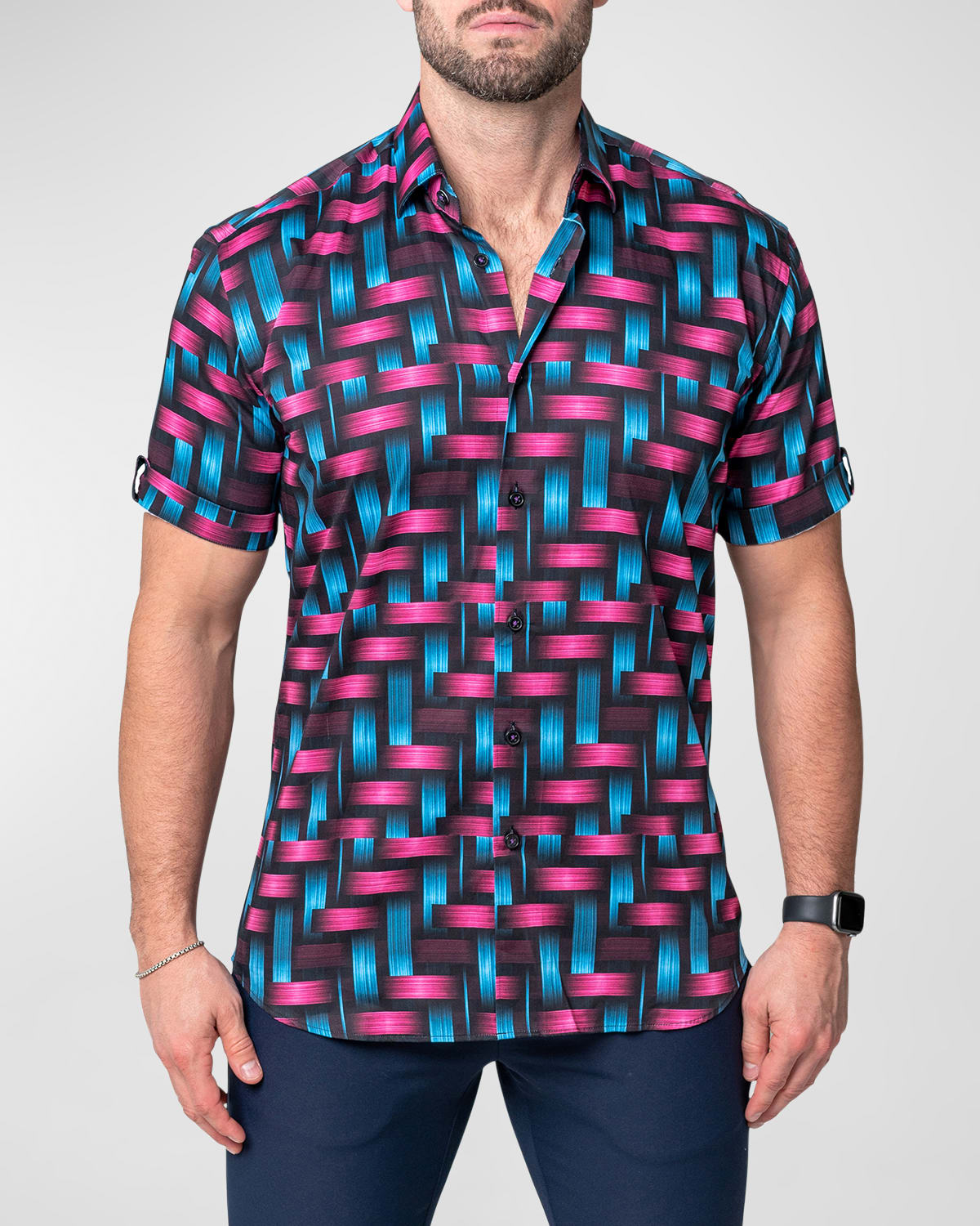 Maceoo Galileo Chain Multi Short Sleeve Contemporary Fit Button-up Shirt In Multi