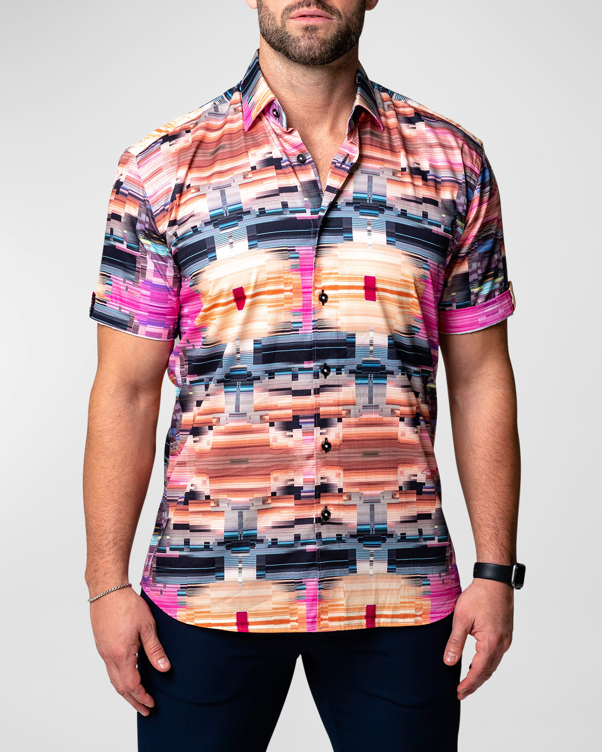 Maceoo Galileo Glitch Multi Short Sleeve Contemporary Fit Button-up Shirt In Multi