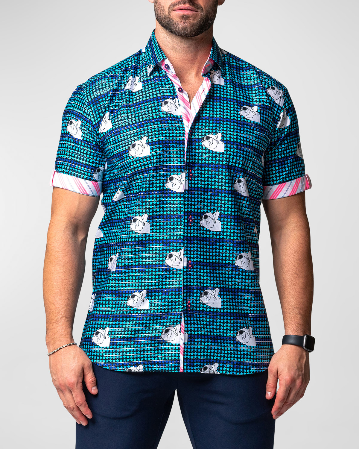 Maceoo Galileo Dog Dream Regular Fit Short Sleeve Button-up Shirt In Blue