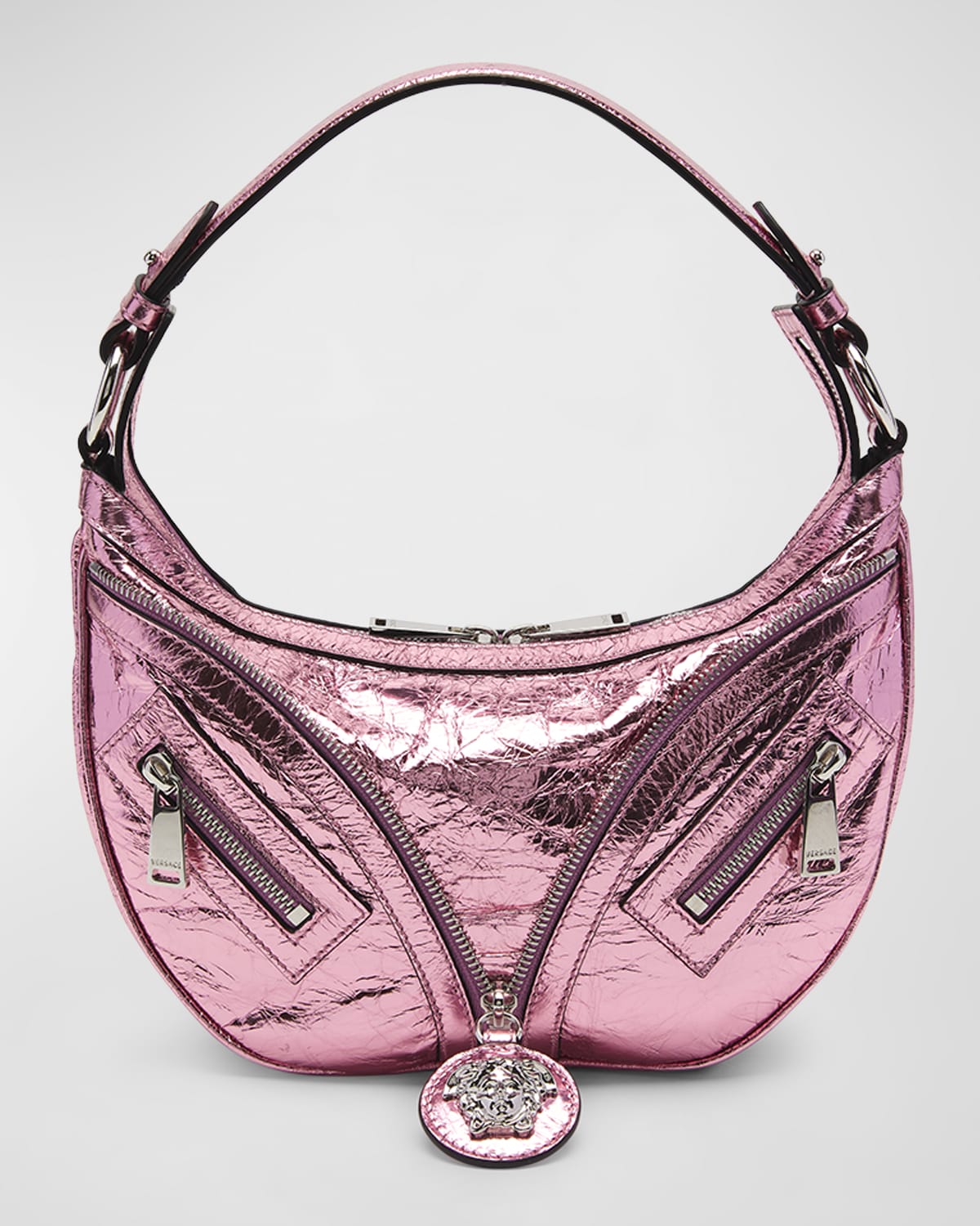 VERSACE LA MEDUSA REPEAT SMALL METALLIC TOP-HANDLE BAG