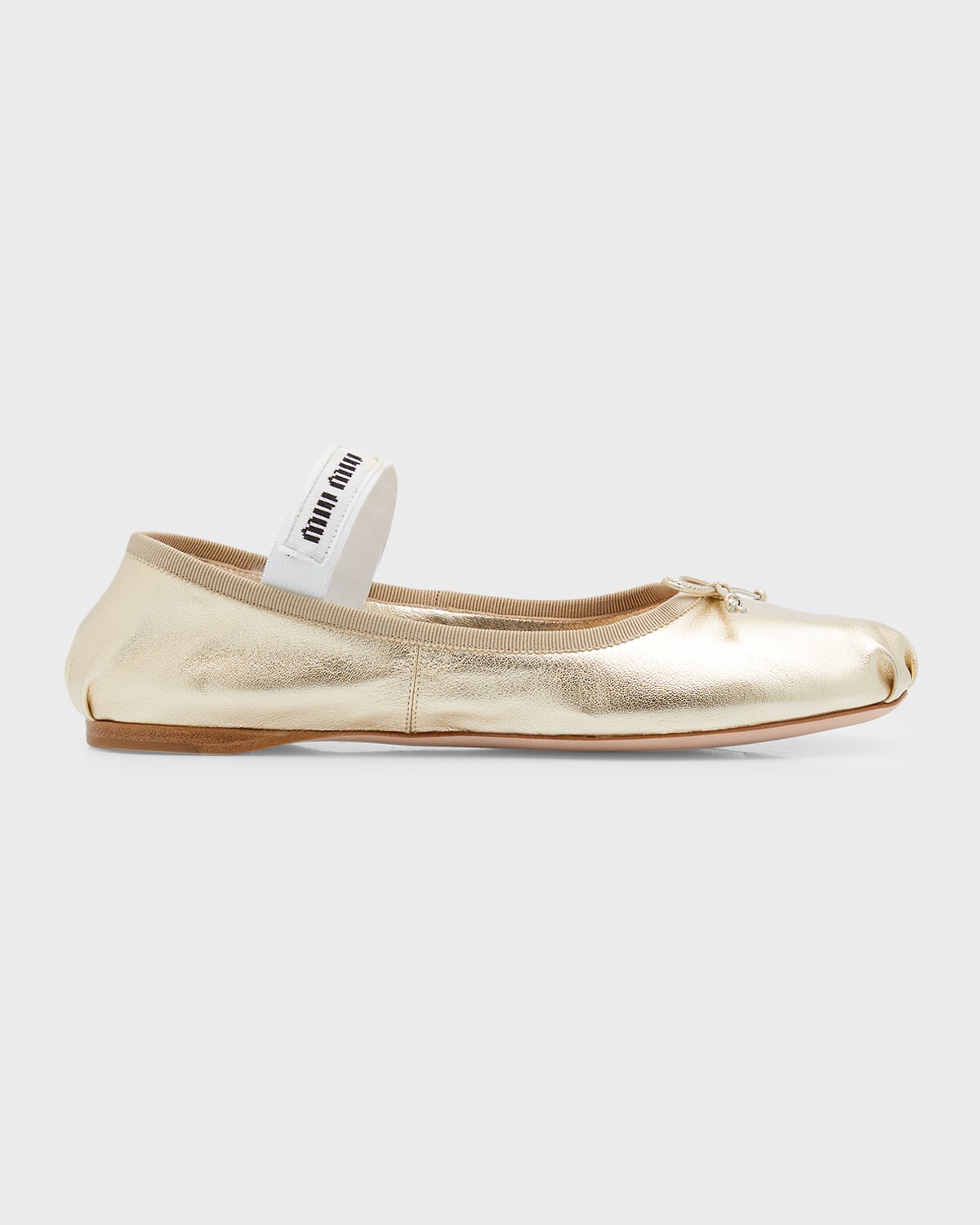 Shop Miu Miu Metallic Logo-band Ballerina Flats In Pirite